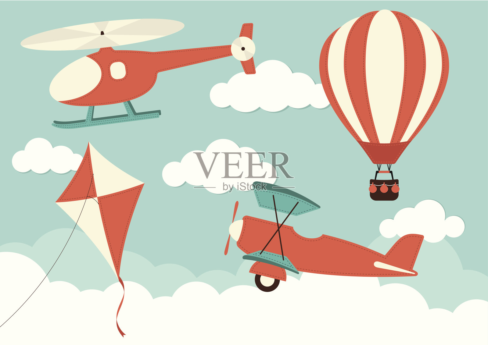 直升机，飞机，风筝和热气球插画图片素材