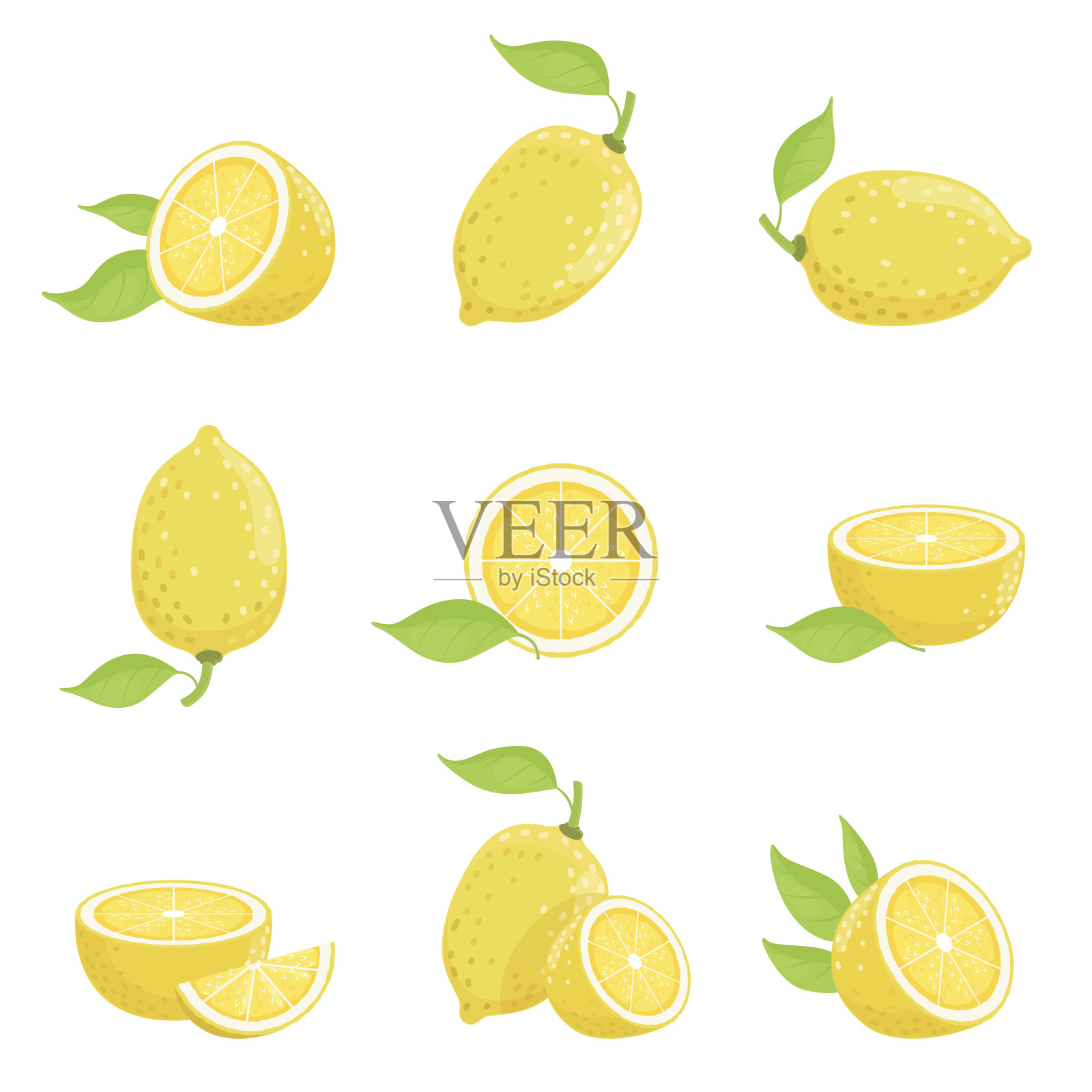 柠檬片。新鲜的黄色水果卡通风格。矢量图片孤立在白色插画图片素材