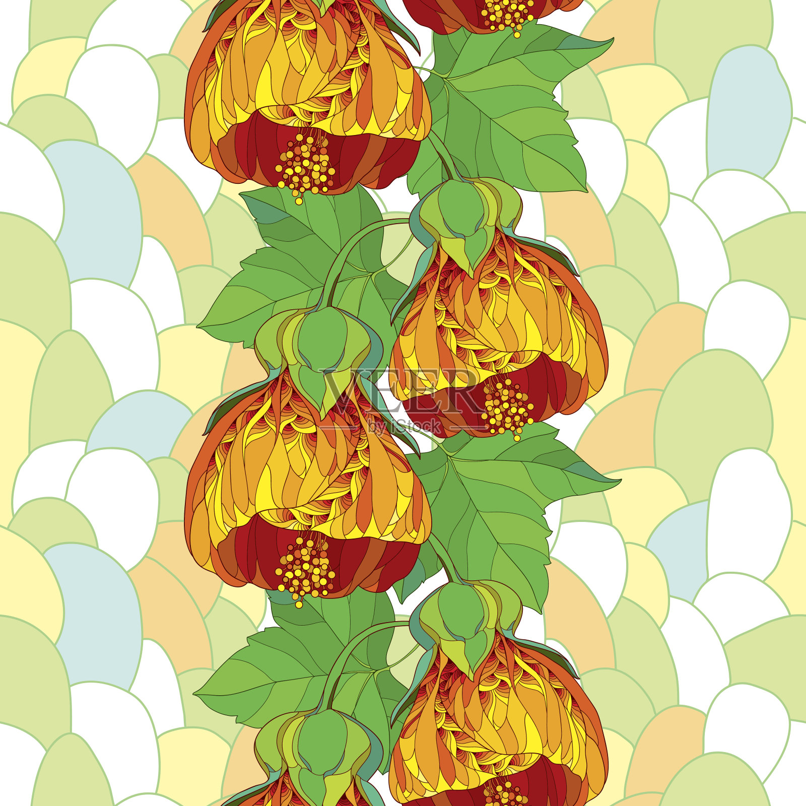 无缝图案与橙色的苘麻花在马赛克的背景。插画图片素材