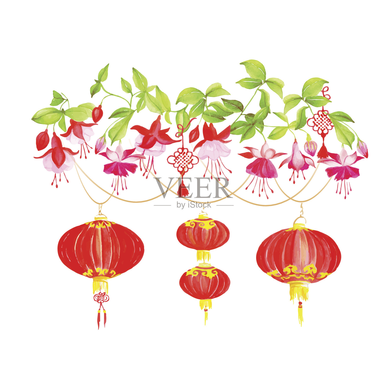 亚洲灯笼和紫红色矢量设计元素插画图片素材