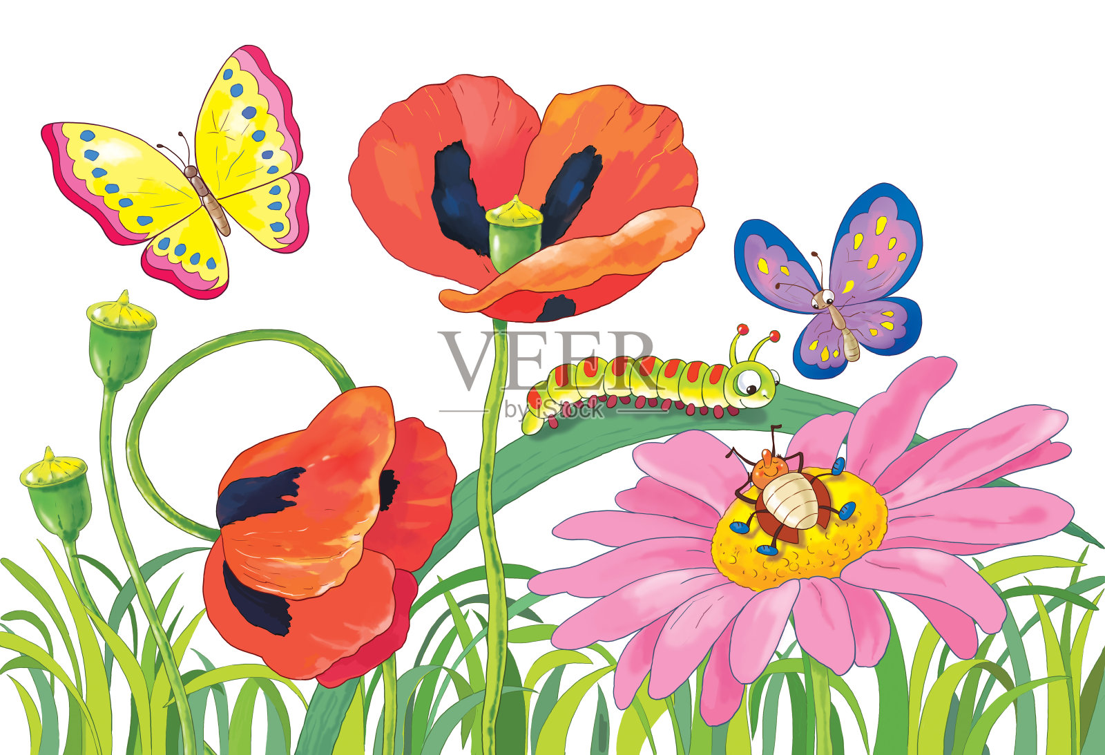 可爱的花和昆虫。贺卡。儿童插图插画图片素材