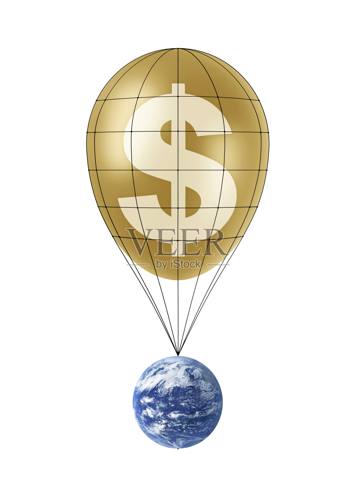 地球在金色的美元气球上飞行照片摄影图片