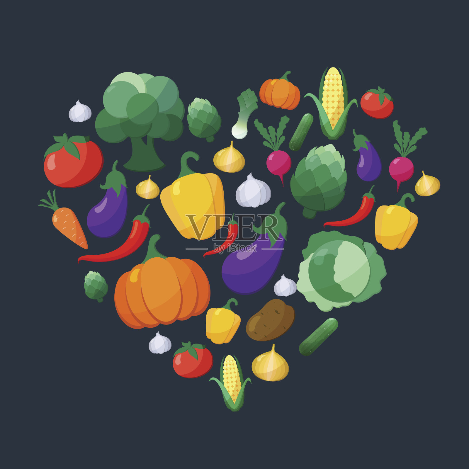 矢量蔬菜平面风格的图标设置在心脏形状设计元素图片