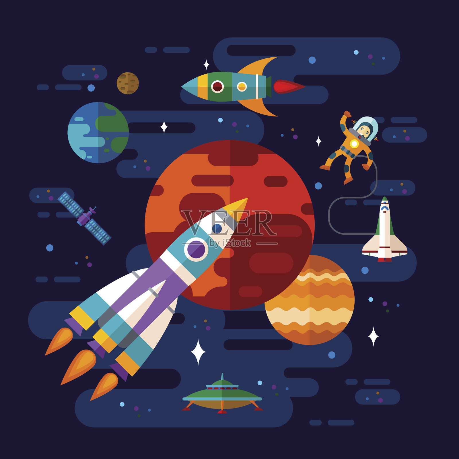 太空、宇宙飞船、宇航员和行星。插画图片素材