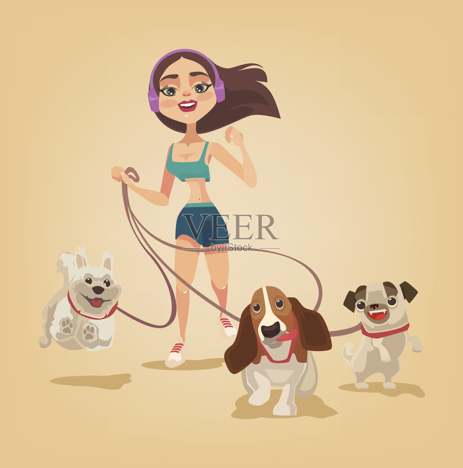 遛狗服务。女人和宠物一起跑插画图片素材