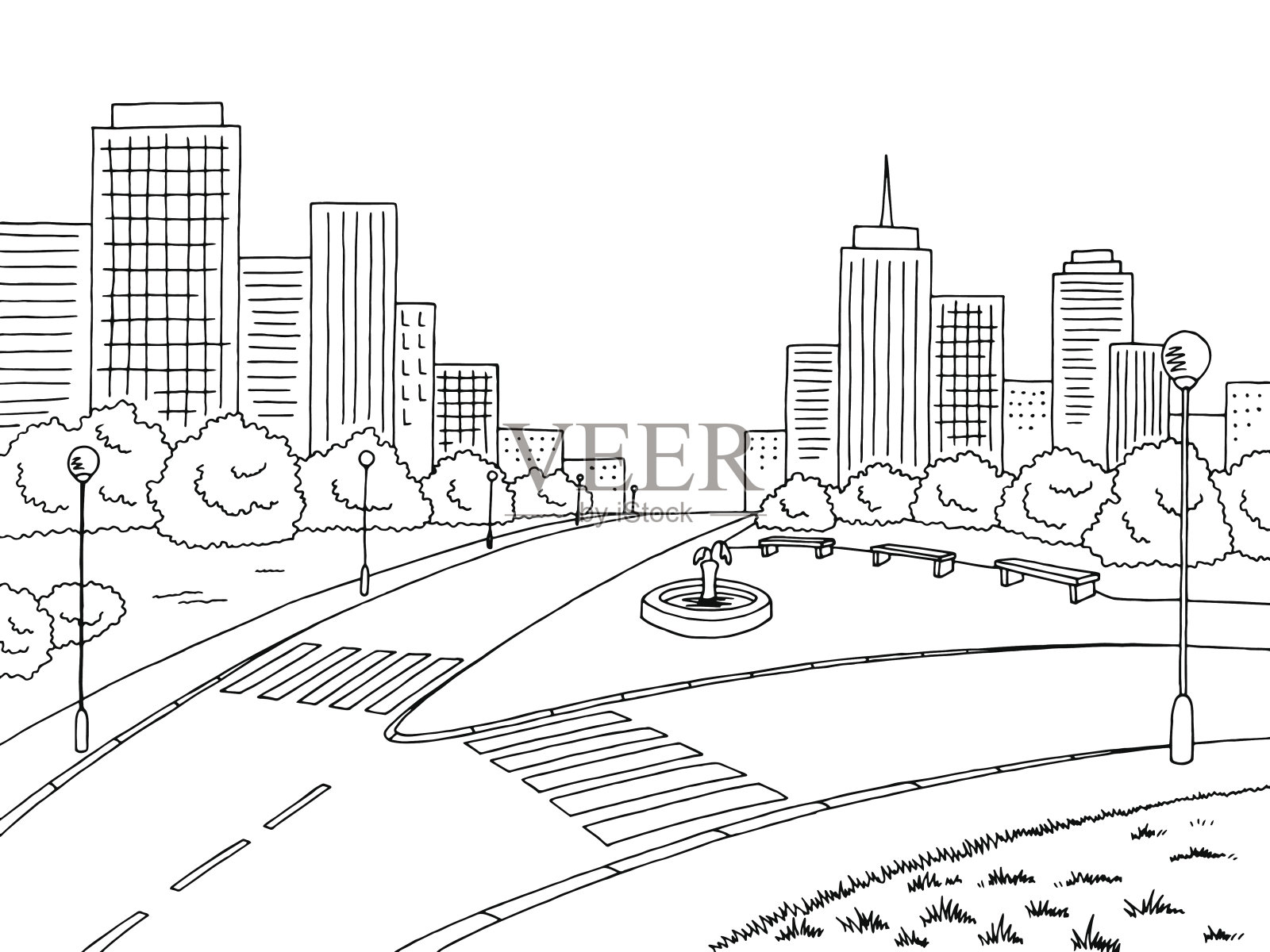 街道道路图形黑白景观素描插图矢量插画图片素材
