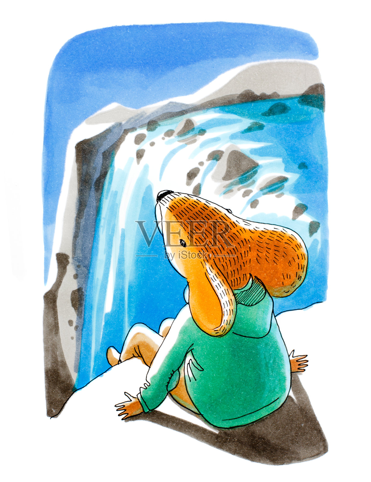 水彩鼠裤和夹克坐在瀑布前的山上插画图片素材