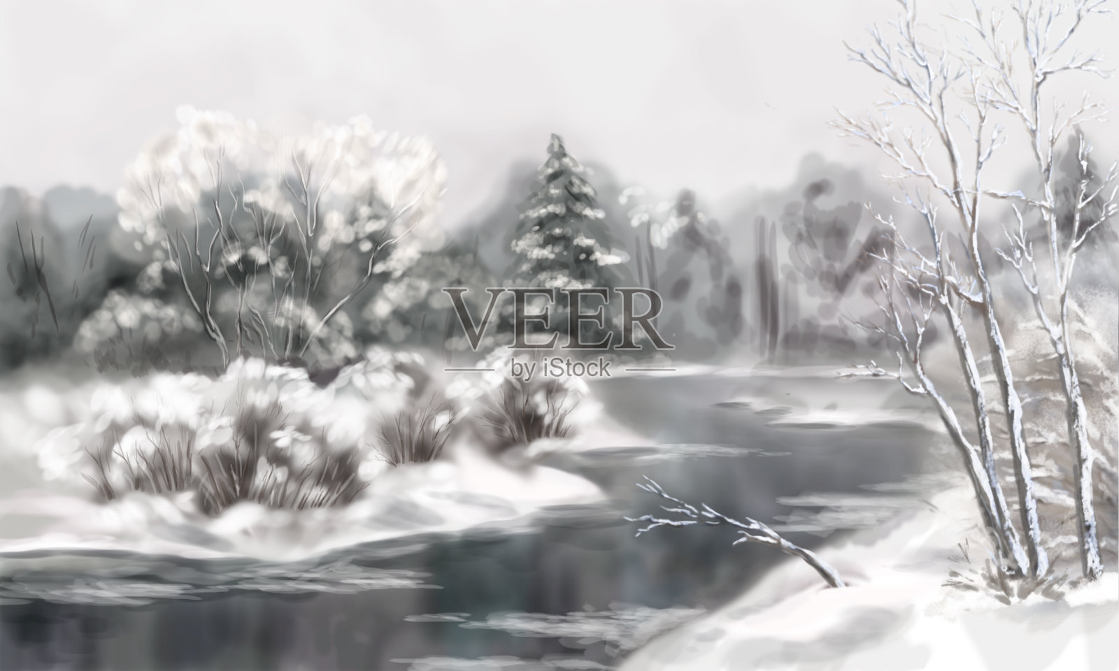 冬季数字水彩景观插画图片素材