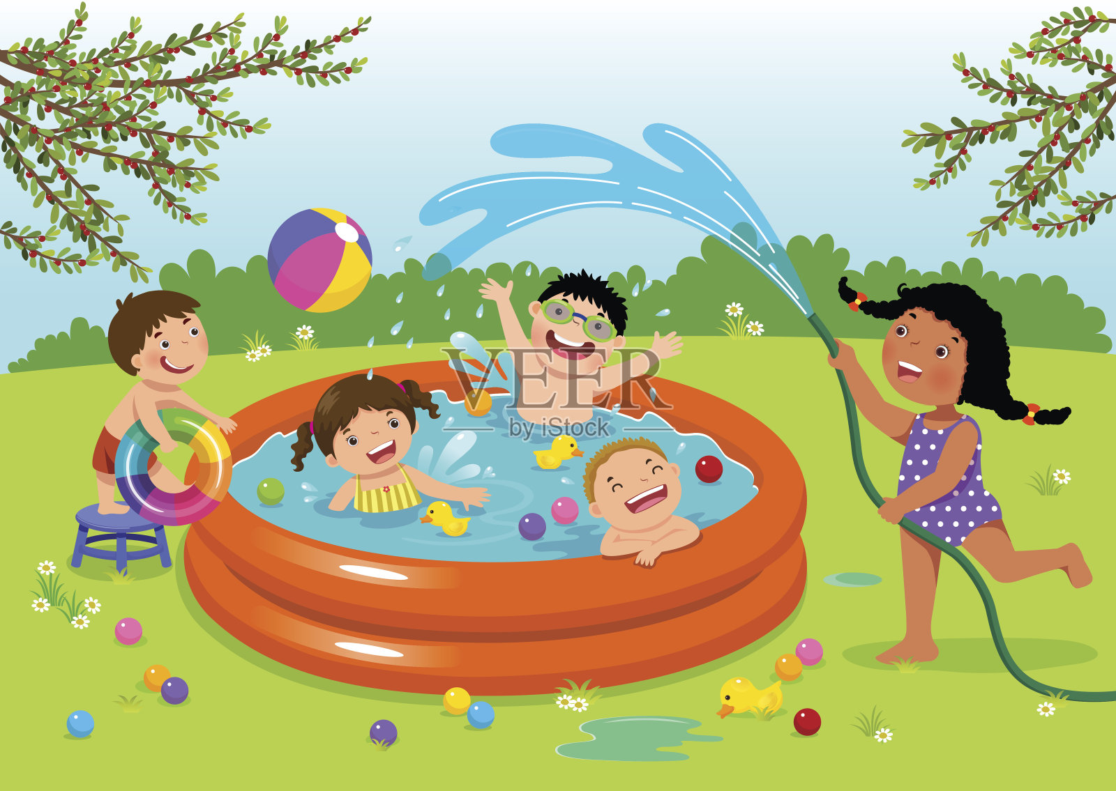 快乐的孩子们在后院的充气泳池里玩耍插画图片素材