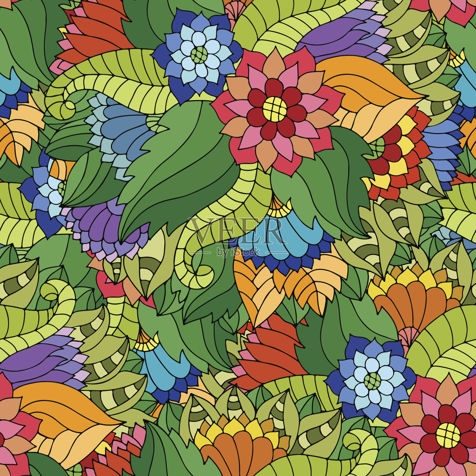 五颜六色的无缝图案与野花和叶子在吉普赛风格。插画图片素材