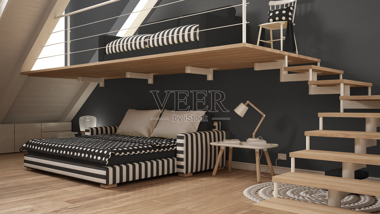阁楼夹层一室极简主义生活和卧室，白色和灰色斯堪的纳维亚室内设计照片摄影图片