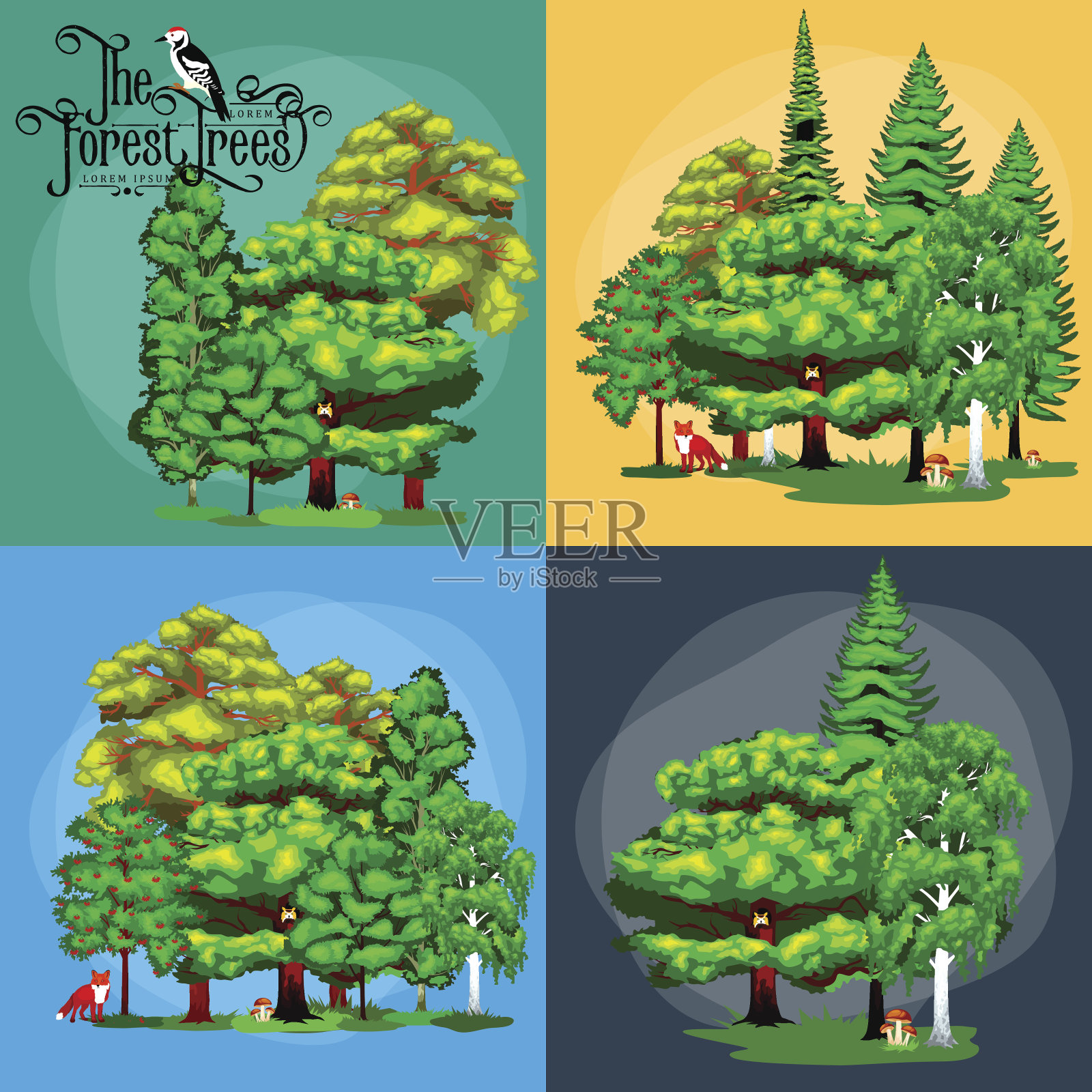 夏季绿色森林树木和野生动物插画图片素材