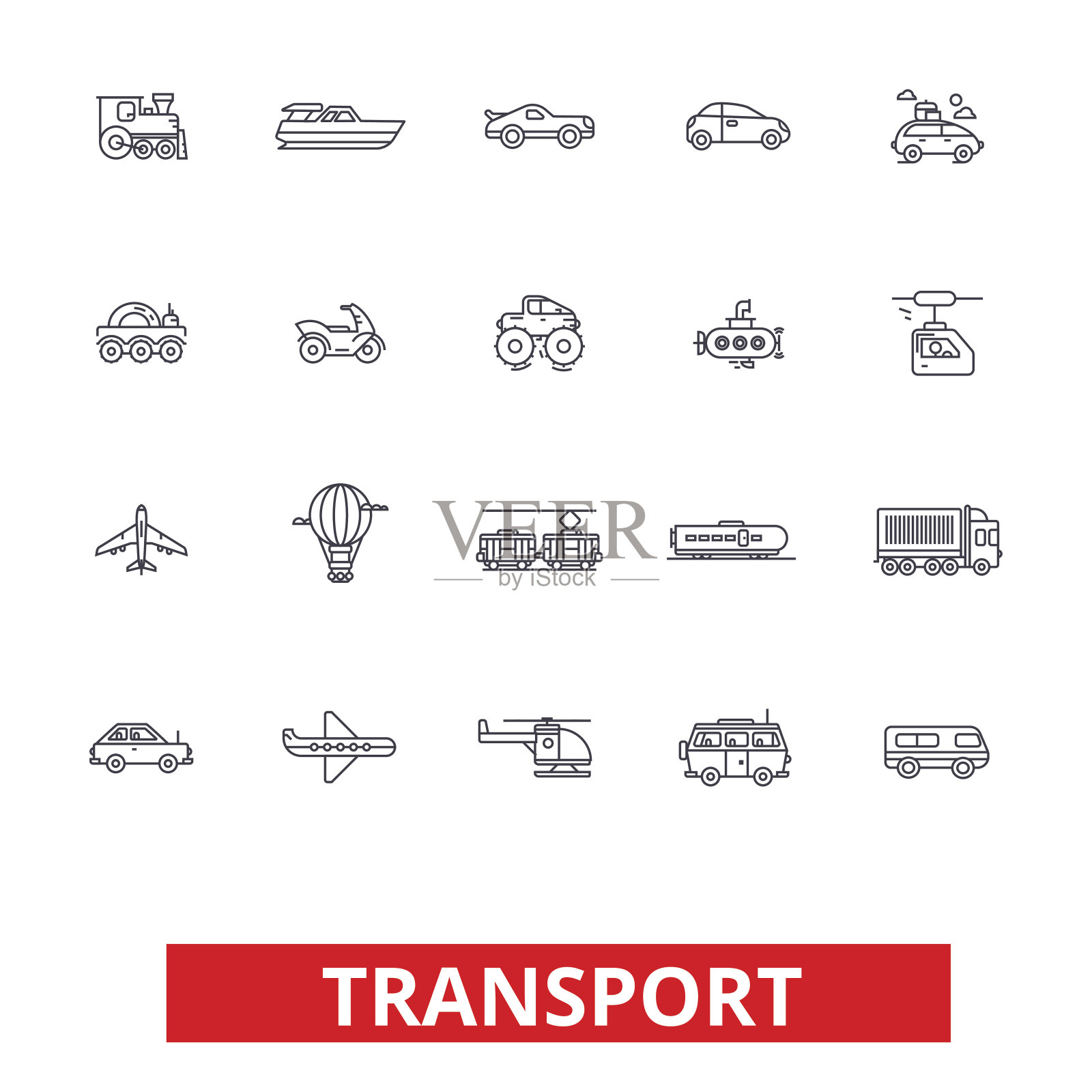 运输汽车、卡车、轮船、电车、公共汽车、配送、车辆、物流、摩托车等系列标志。可编辑的中风。平面设计矢量插图符号概念。线性符号孤立在白色背景上图标素材