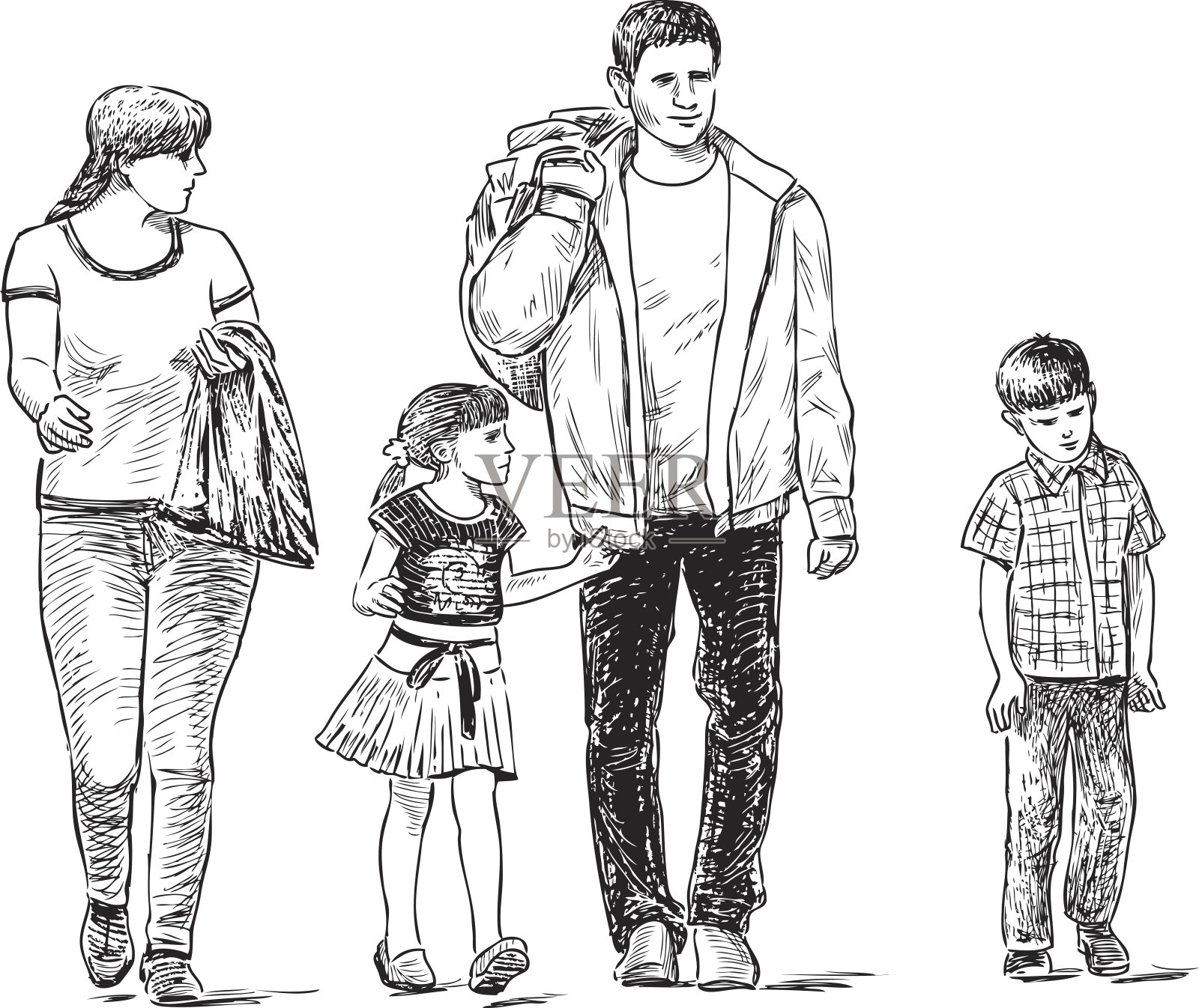散步家庭的素描插画图片素材