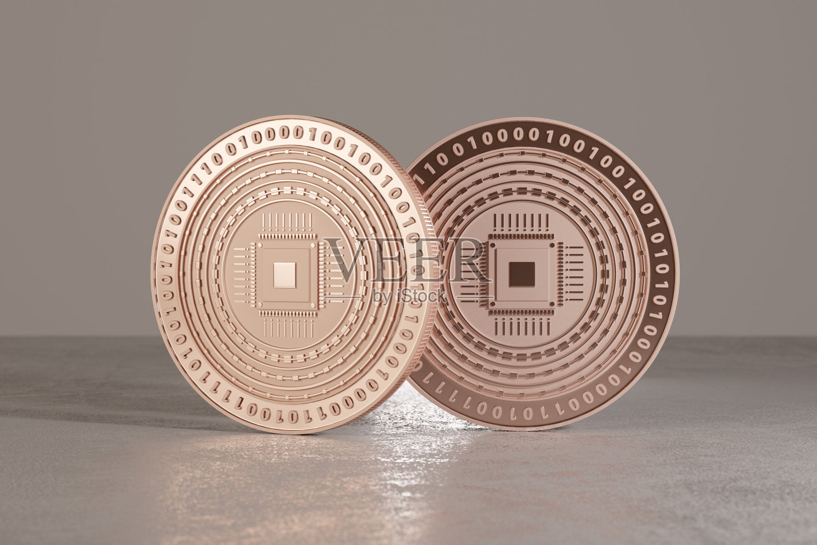 铜数字货币在金属地板，例如比特币照片摄影图片