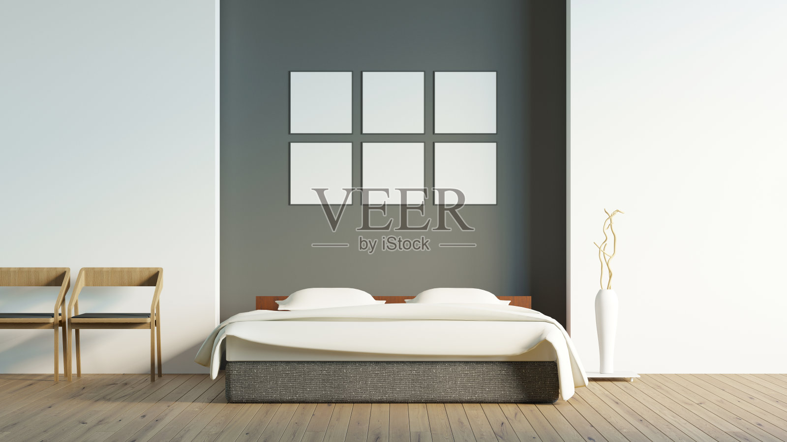现代阁楼卧室与空白海报/ 3d渲染图像插画图片素材