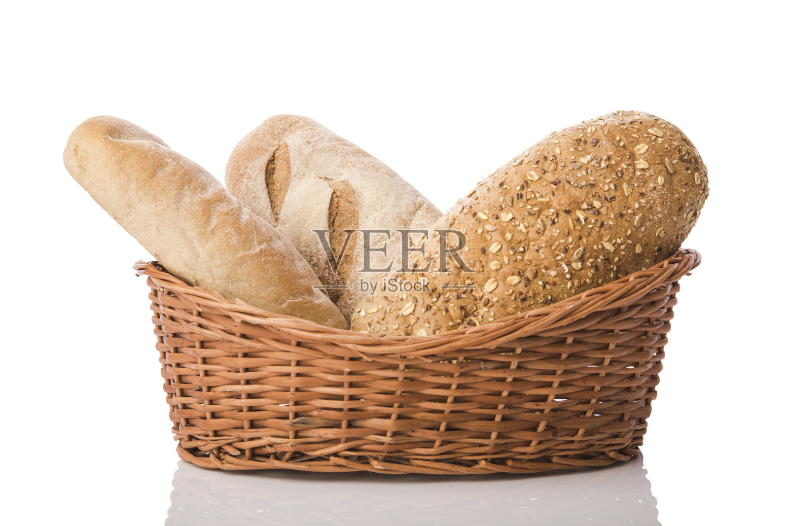 白色背景上的面包篮子。照片摄影图片