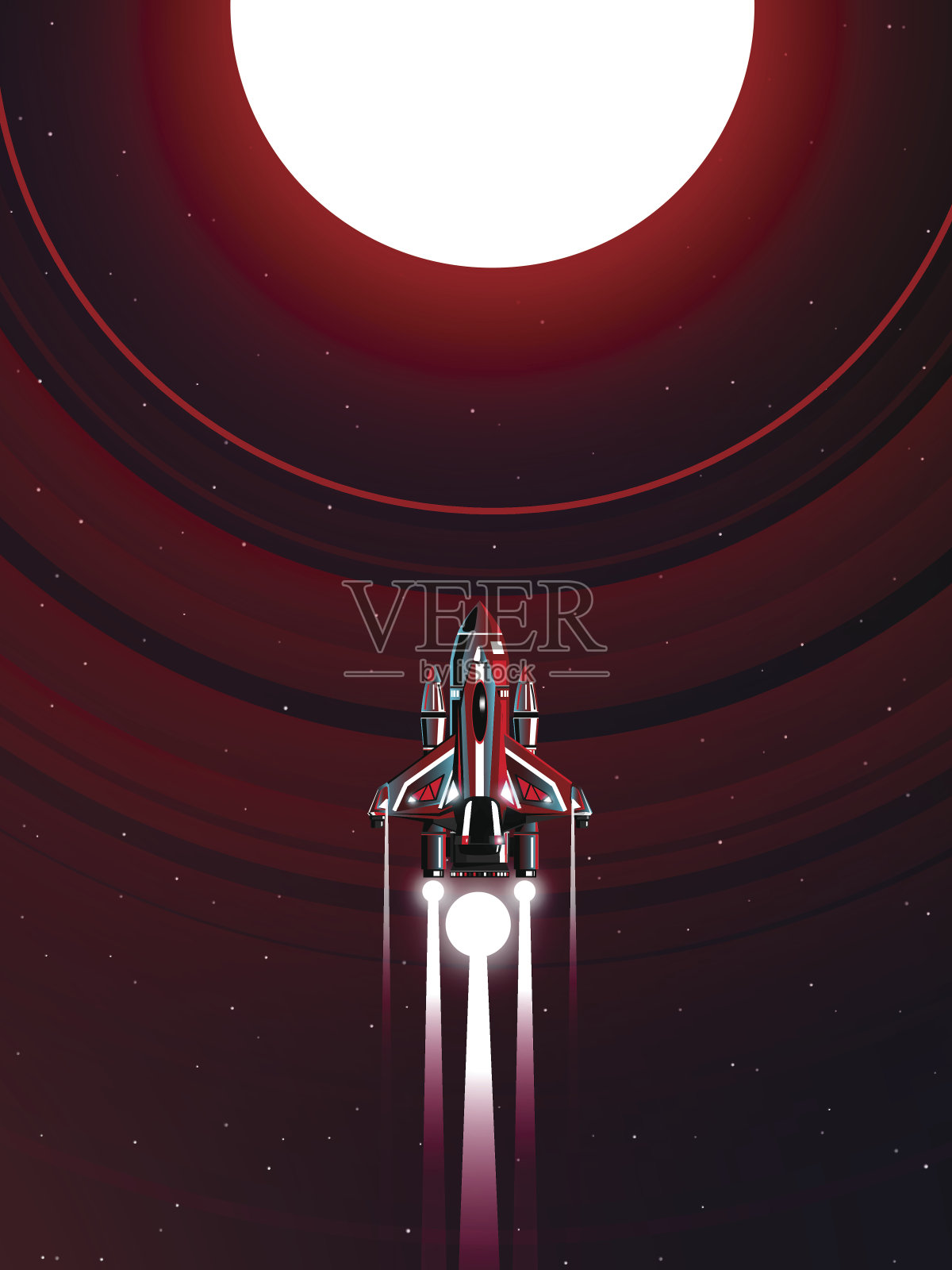 宇宙飞船穿过行星与巨大的红色环系统插画图片素材