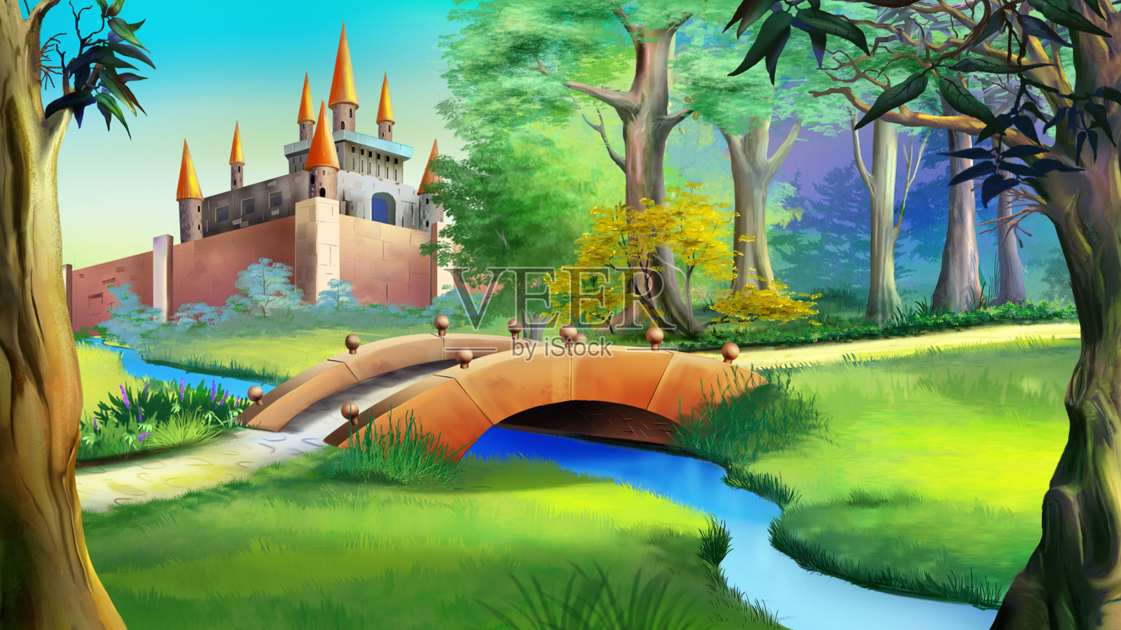 风景中有童话般的城堡和河上的小桥。插画图片素材