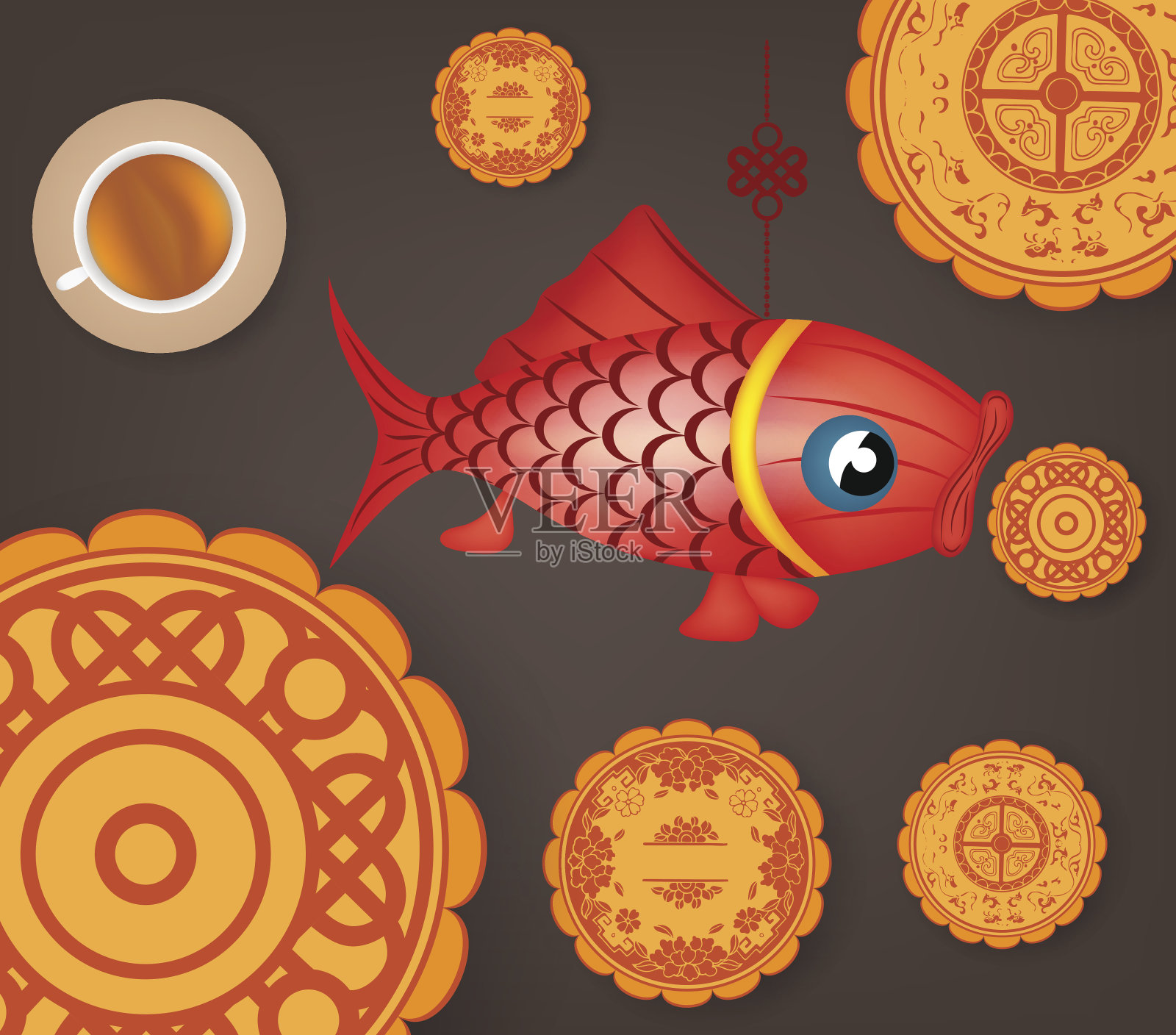 中国中秋节背景有鲤鱼灯、茶和饼插画图片素材