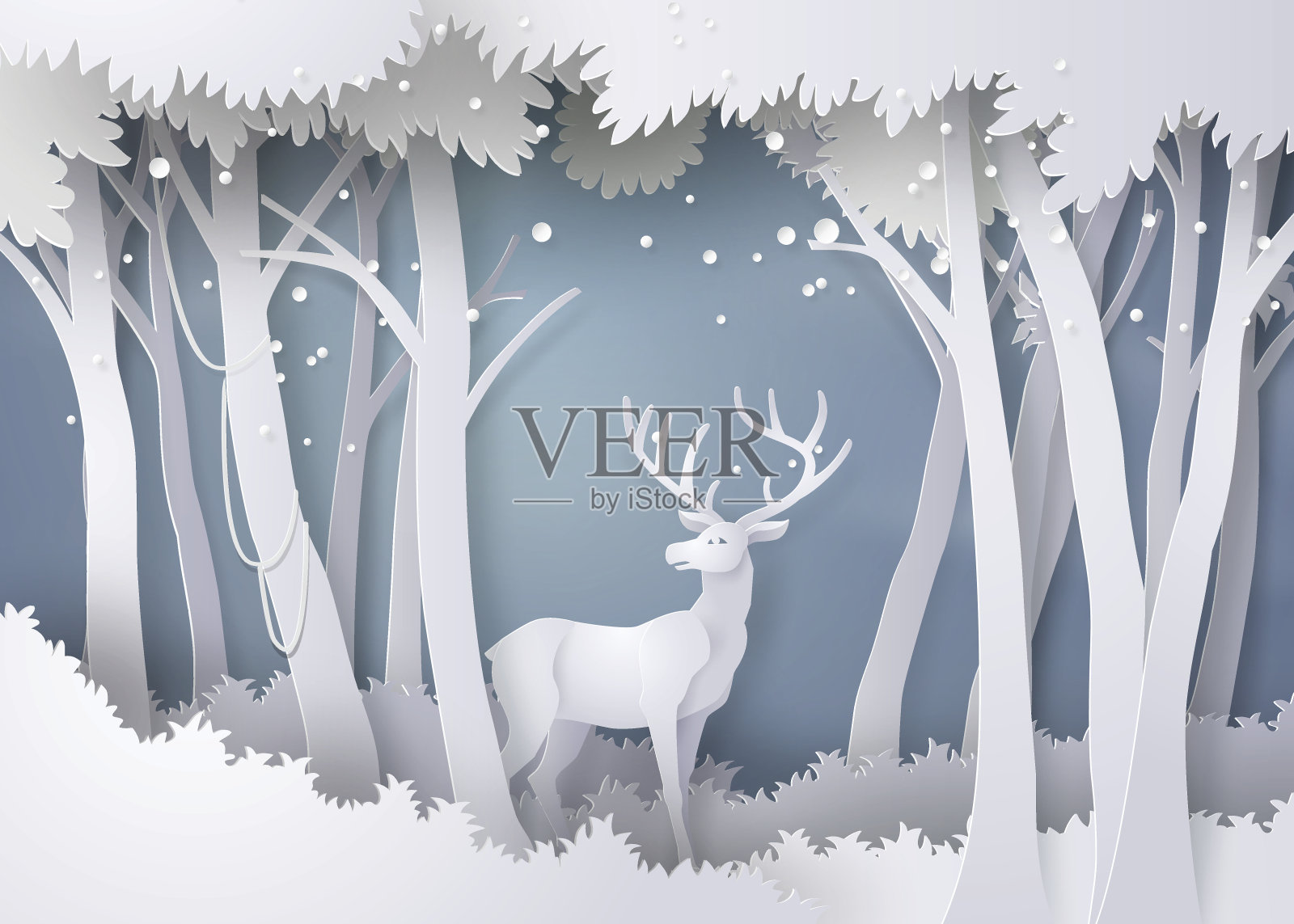 鹿在白雪覆盖的森林里。插画图片素材