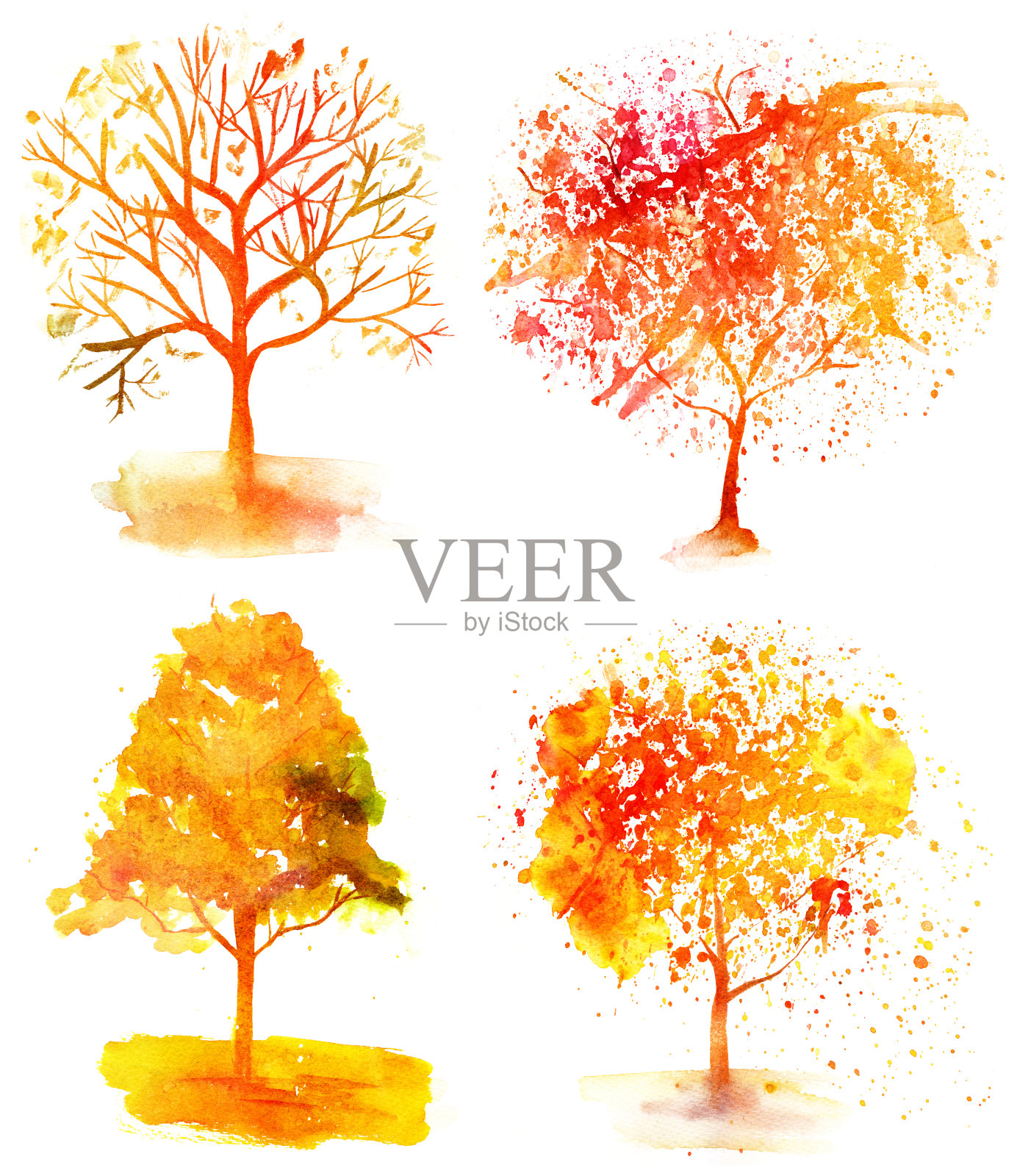 一套充满活力的水彩秋天的树木在白色的背景插画图片素材
