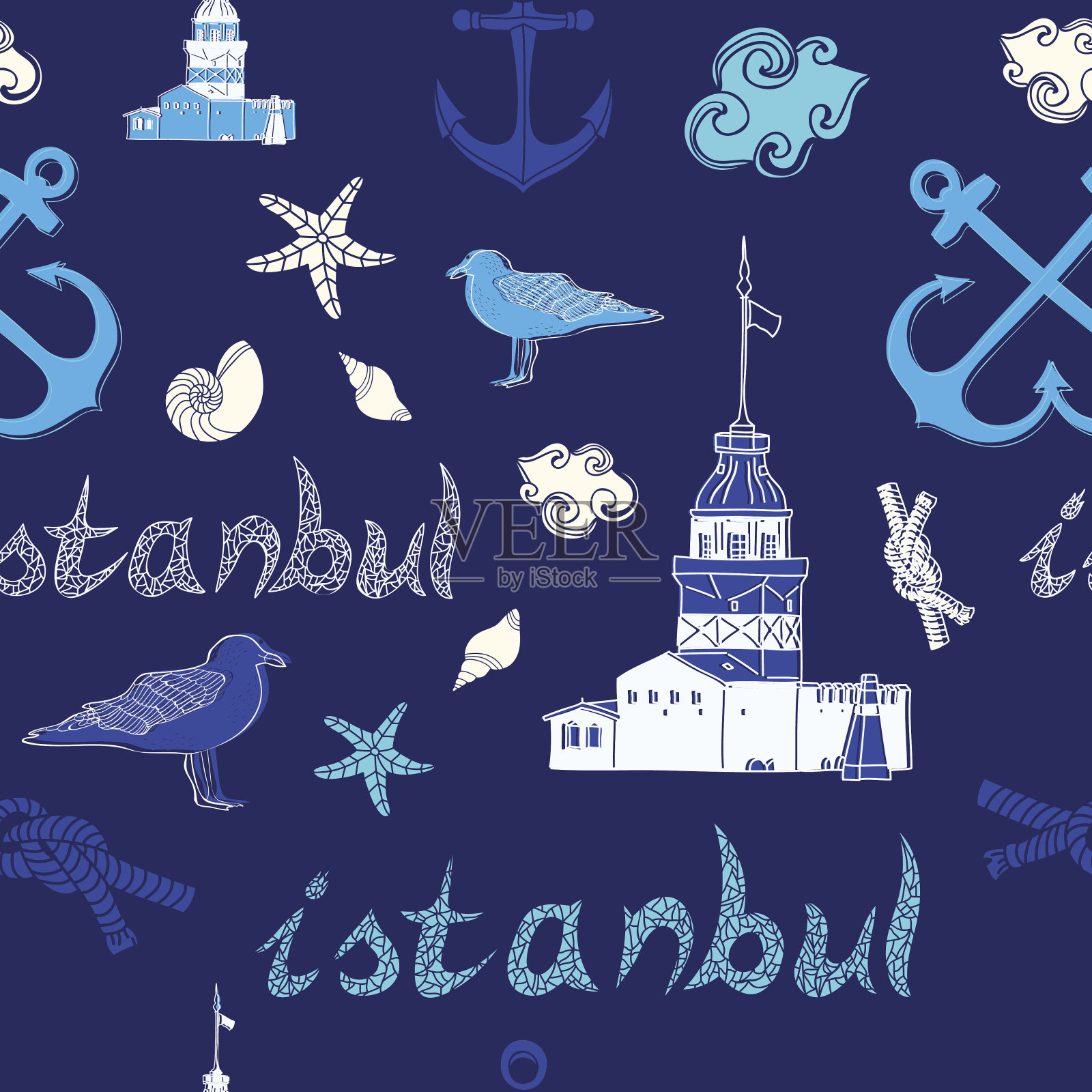 伊斯坦布尔海无缝模式与少女塔。插画图片素材