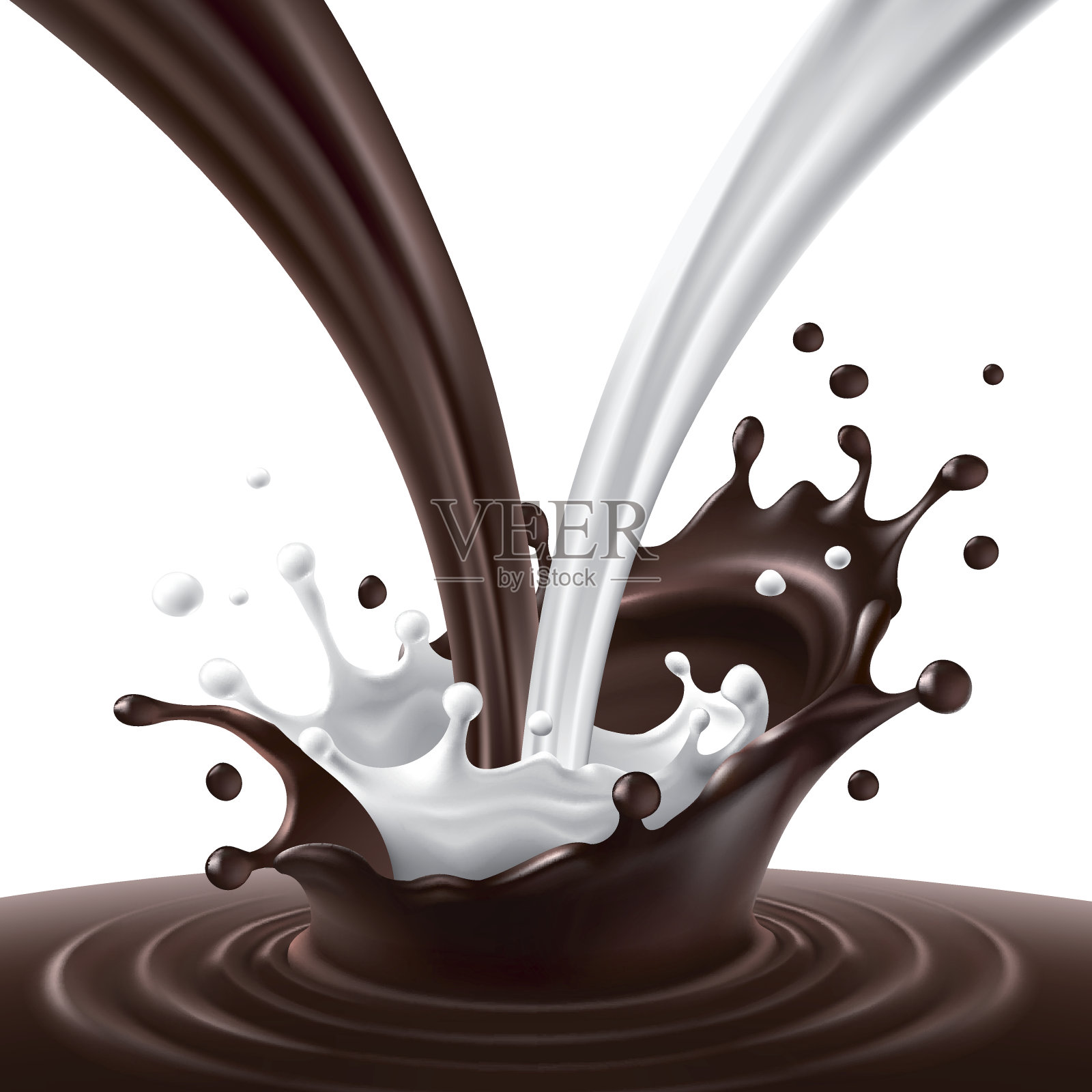 矢量插图的流动牛奶和巧克力创造涟漪和飞溅。插画图片素材