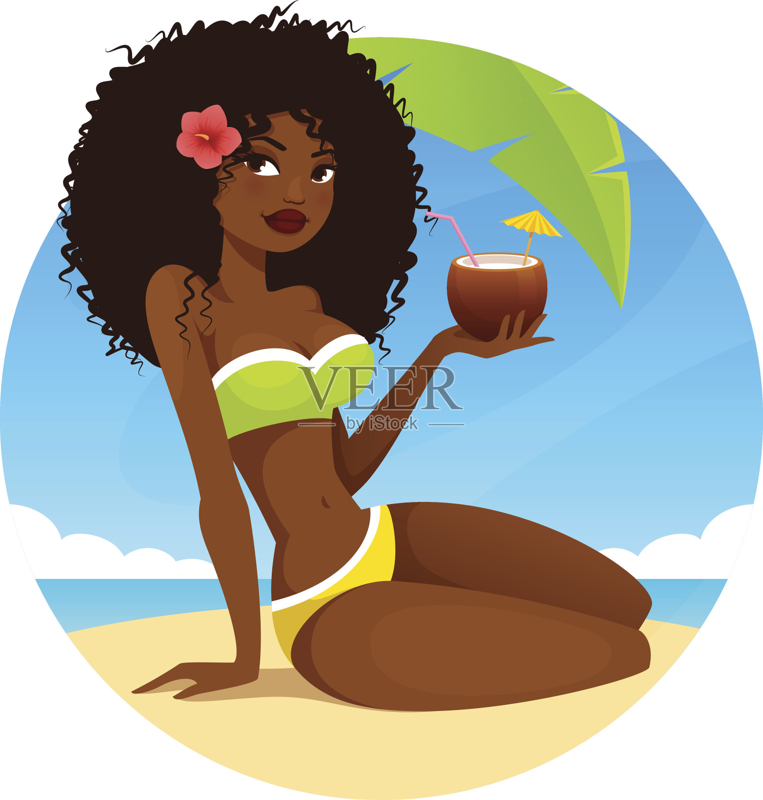 海滩上美丽的非裔美国女孩插画图片素材