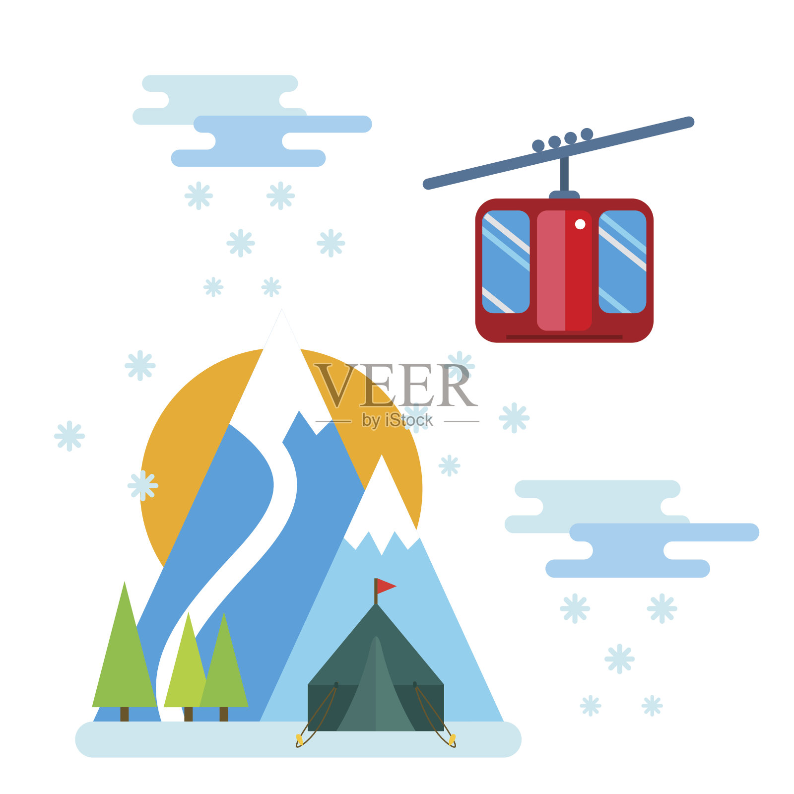 滑雪板坐在滑雪缆车和电梯冬季运动度假村滑雪板人休息提升跳跃向量插图山插画图片素材
