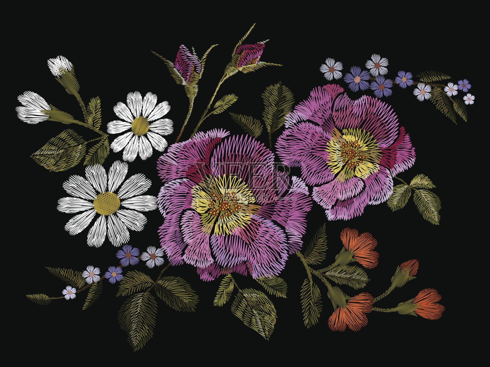 刺绣鲜艳的花补丁罂粟和雏菊佩斯利花插画图片素材