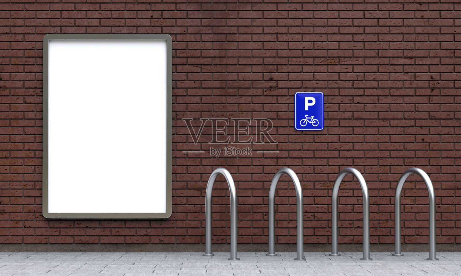 白色的广告牌和空的自行车停车场照片摄影图片