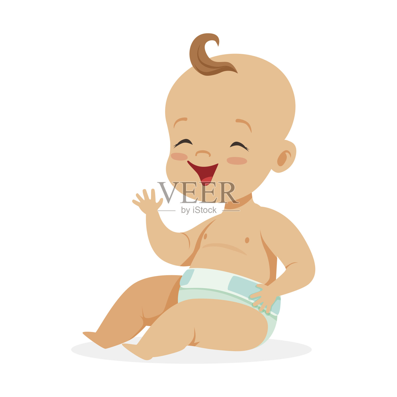 可爱的小婴儿在尿布里坐着笑着，彩色卡通人物矢量插画设计元素图片