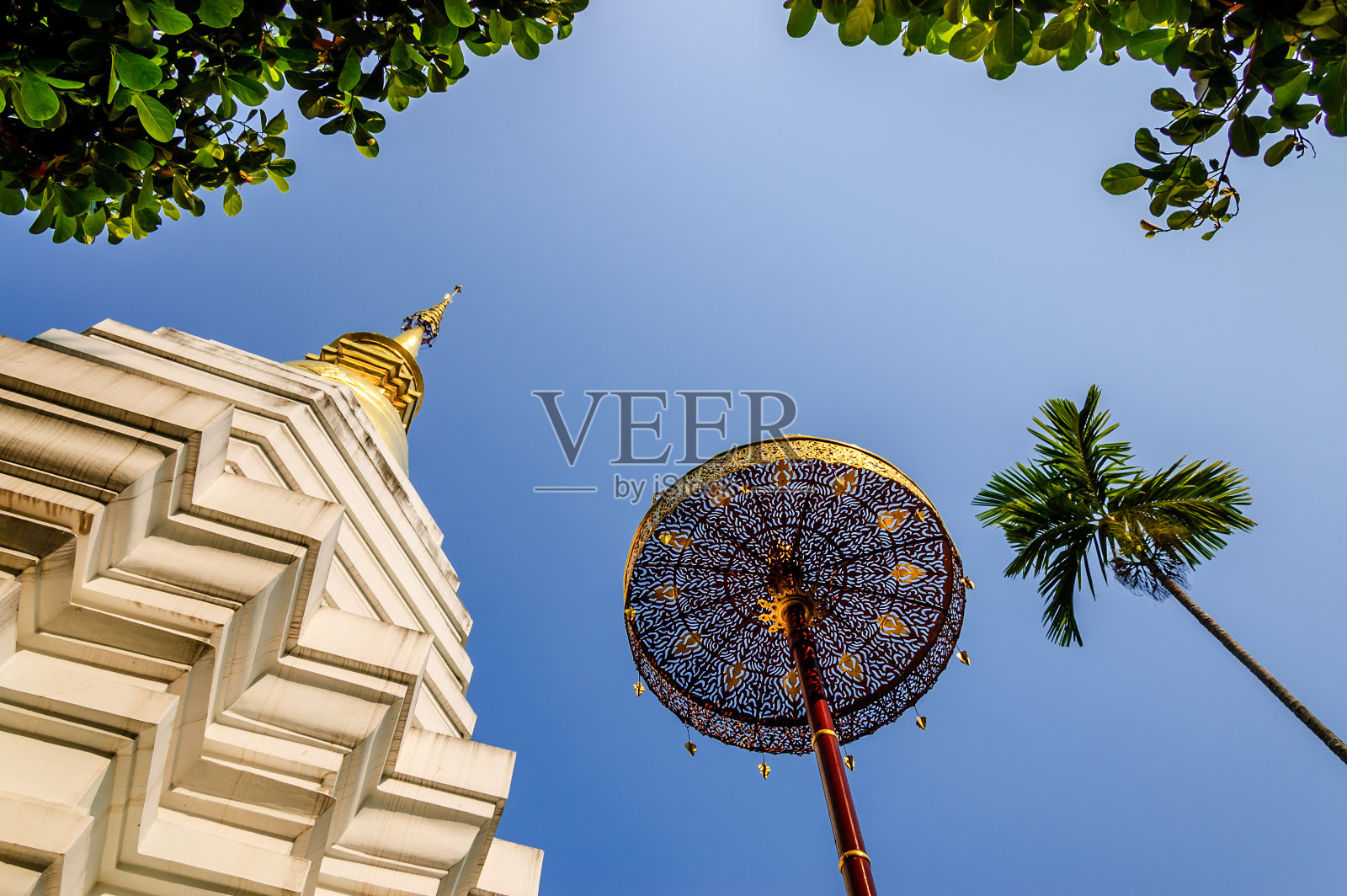 泰国佛塔，金伞和棕榈树照片摄影图片