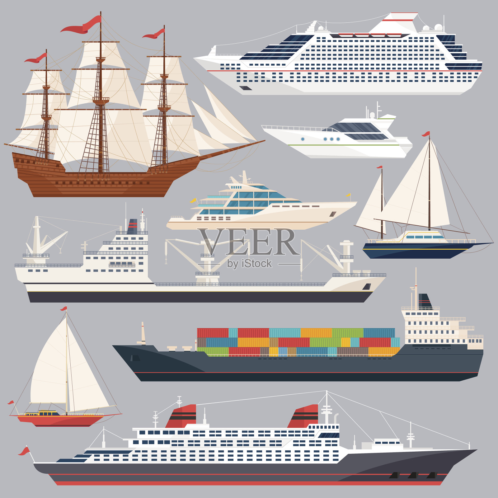 海上运输。船和不同的船的矢量插图。平的风格图片设计元素图片