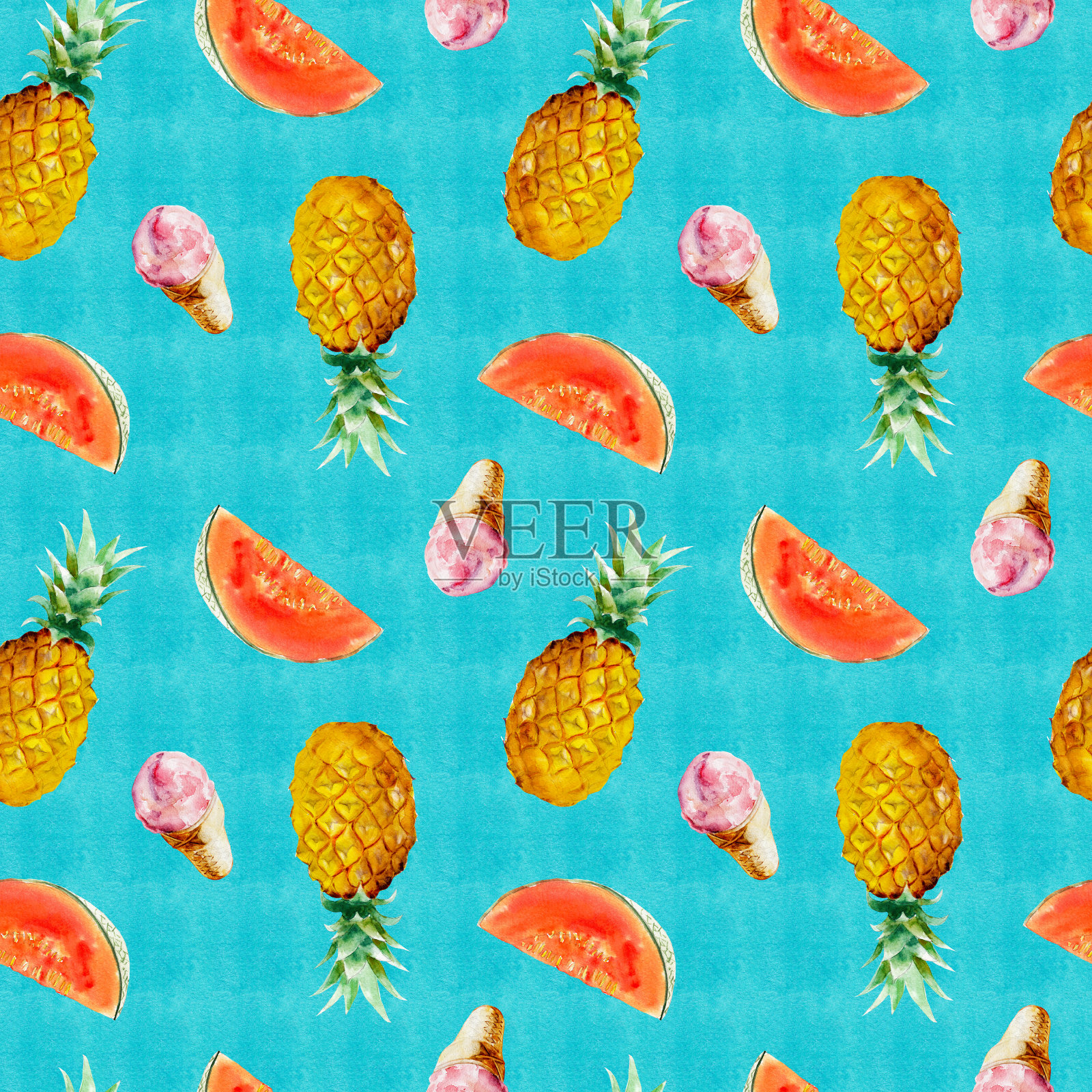水彩无缝图案菠萝，红瓜和冰淇淋在明亮的蓝色背景。手绘水彩插图。插画图片素材