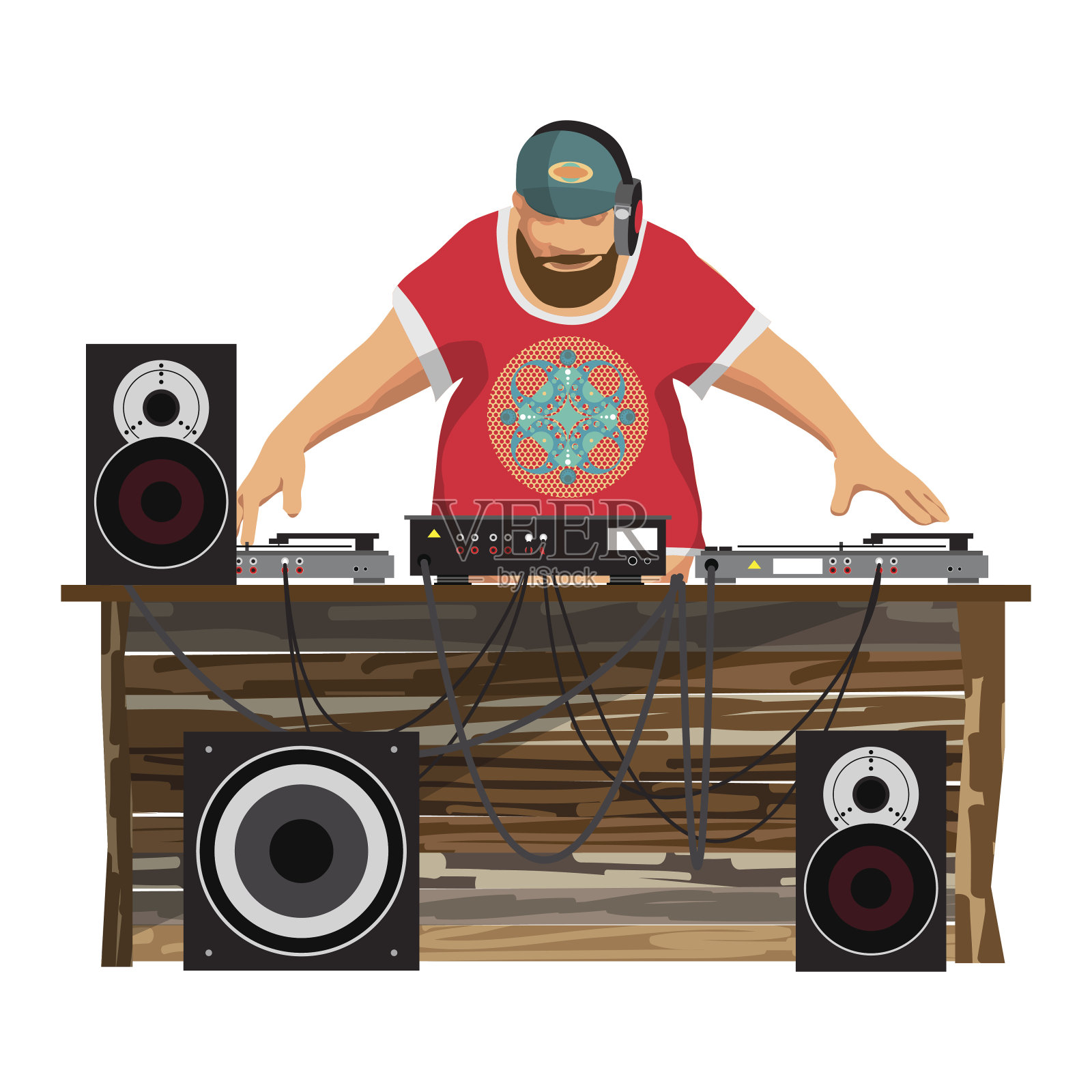 夏日派对:DJ和他的器材，舞曲插画图片素材