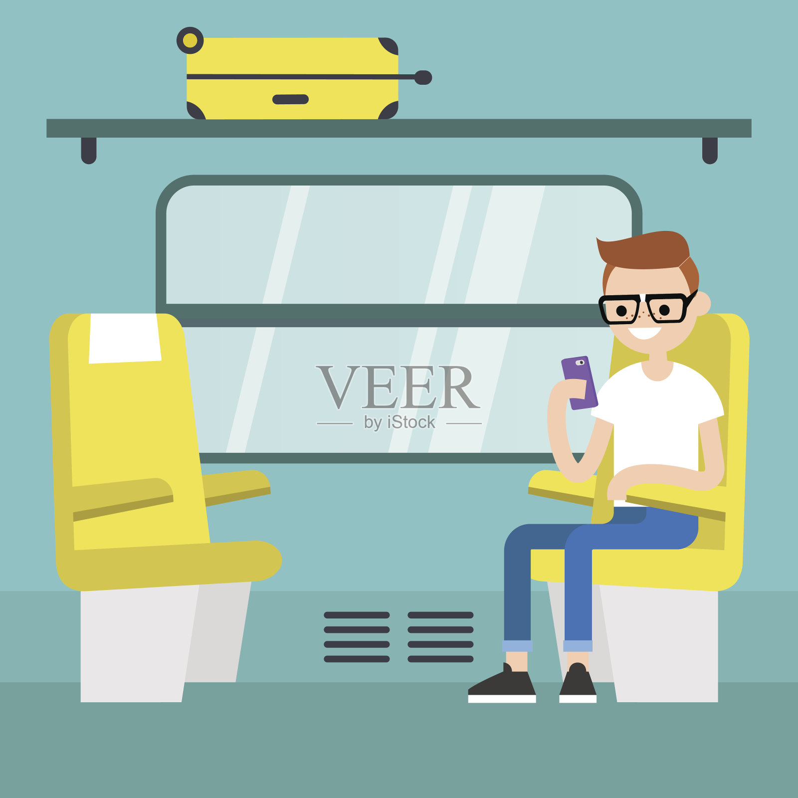 年轻乘客坐在火车车厢/可编辑的平面矢量插图插画图片素材
