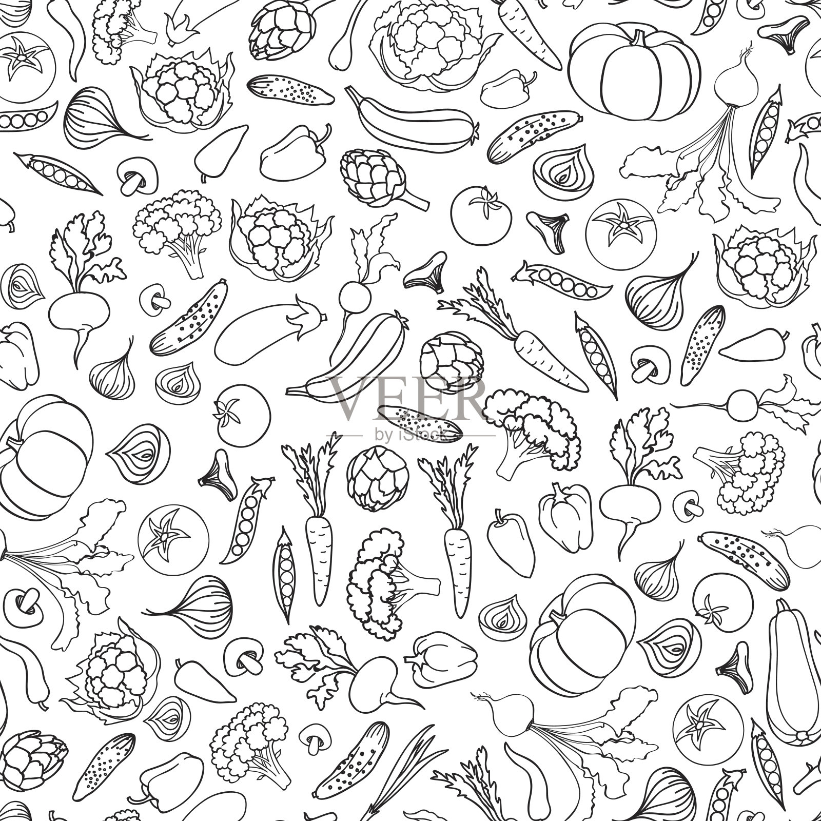 食品配料无缝涂鸦线条图案蔬菜背景插画图片素材