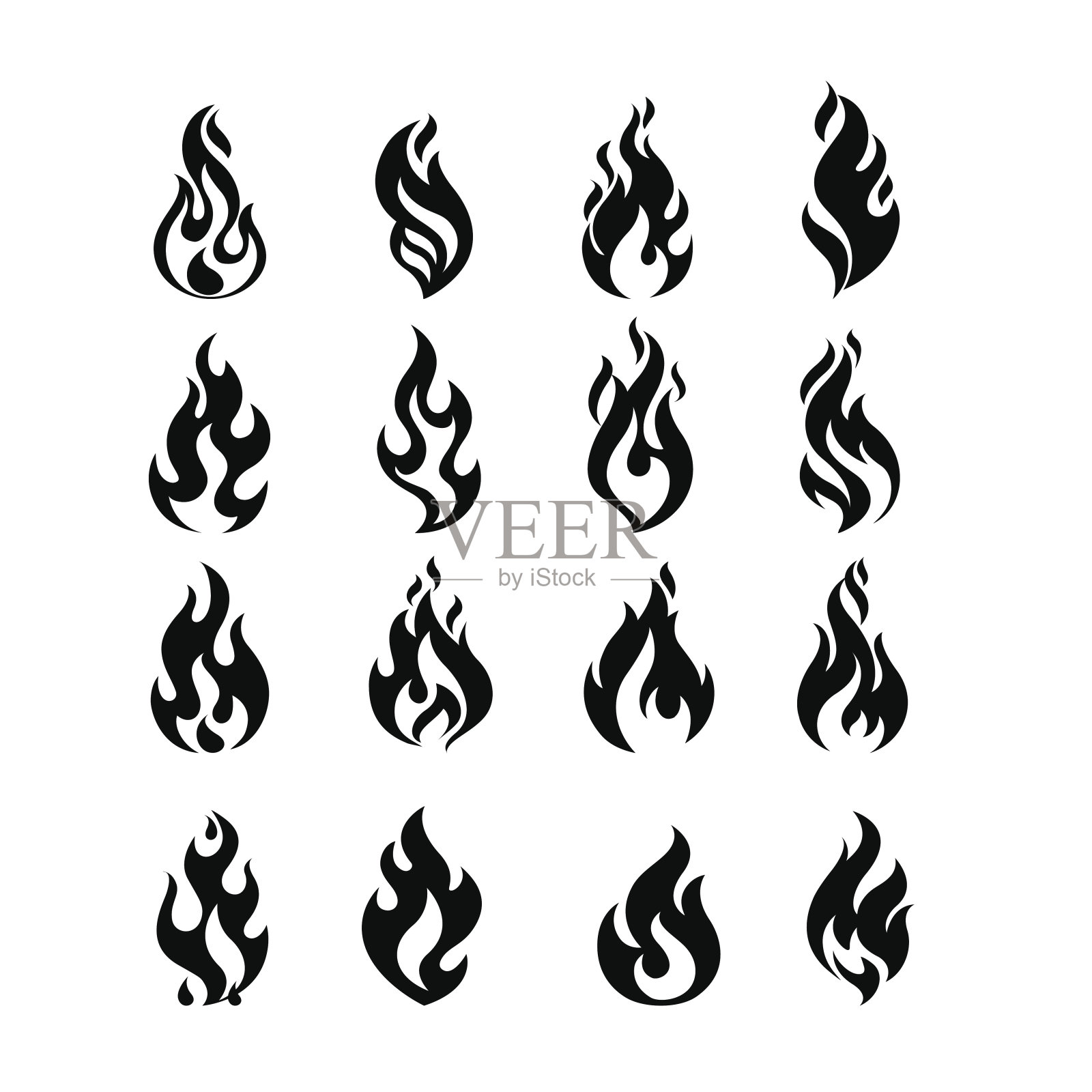 黑色燃烧的火焰火焰图标集设计矢量模板。燃烧火球概念图标包。热地狱插图。篝火创造性的集合。图标素材