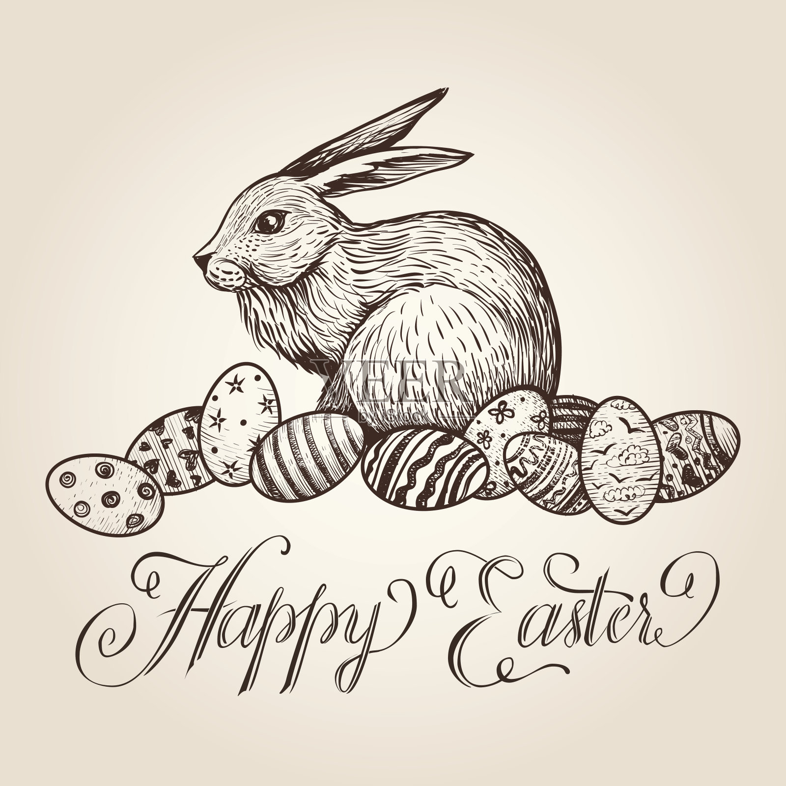 复活节古董手绘插图与字母兔子和节日蛋。向量名片设计。插画图片素材