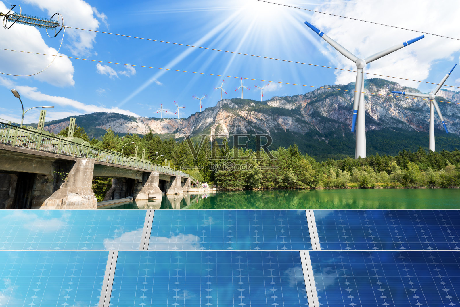 可再生能源-阳光、风、水照片摄影图片