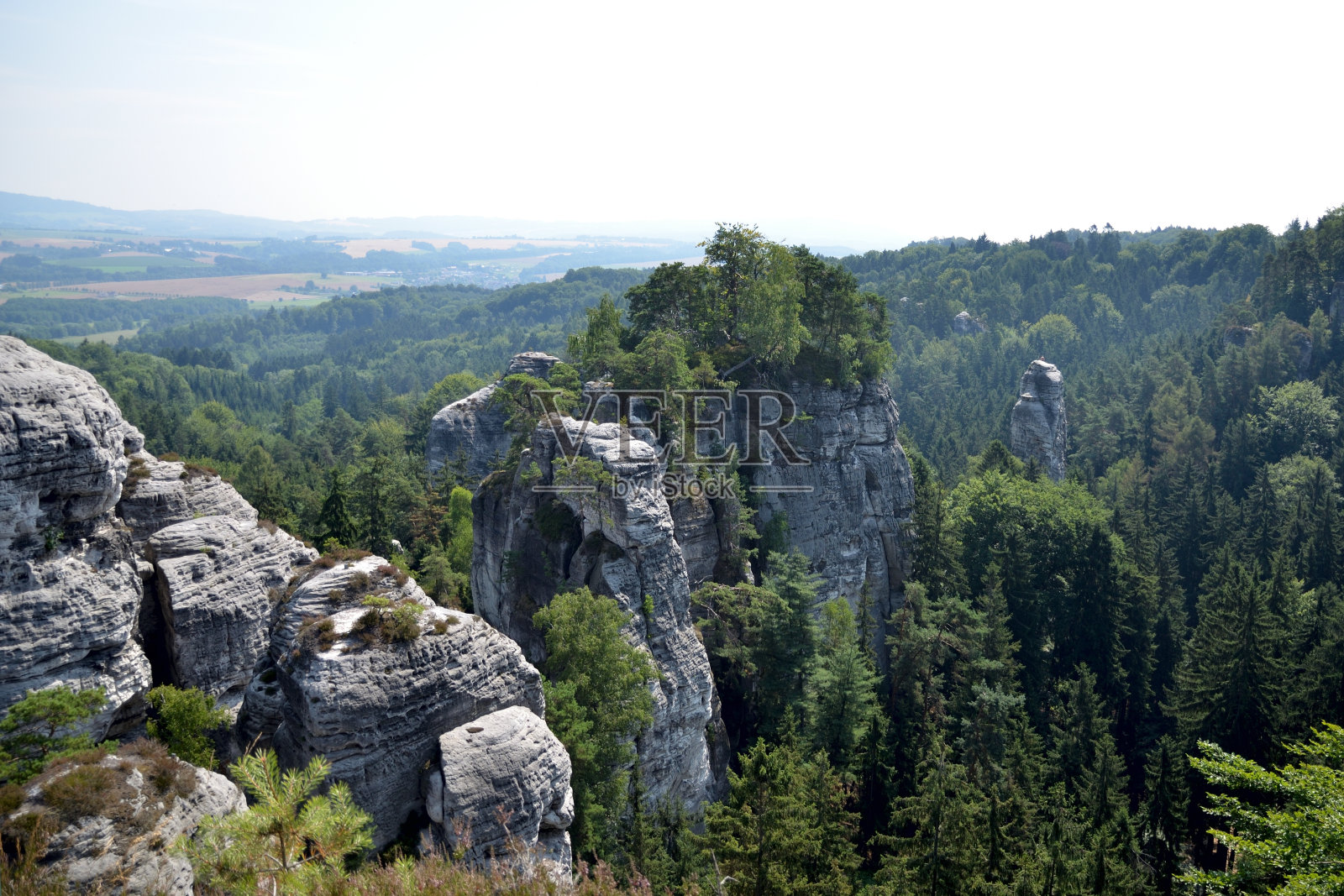 在捷克共和国的捷克天堂里，高高的岩石被茂密的森林所包围照片摄影图片