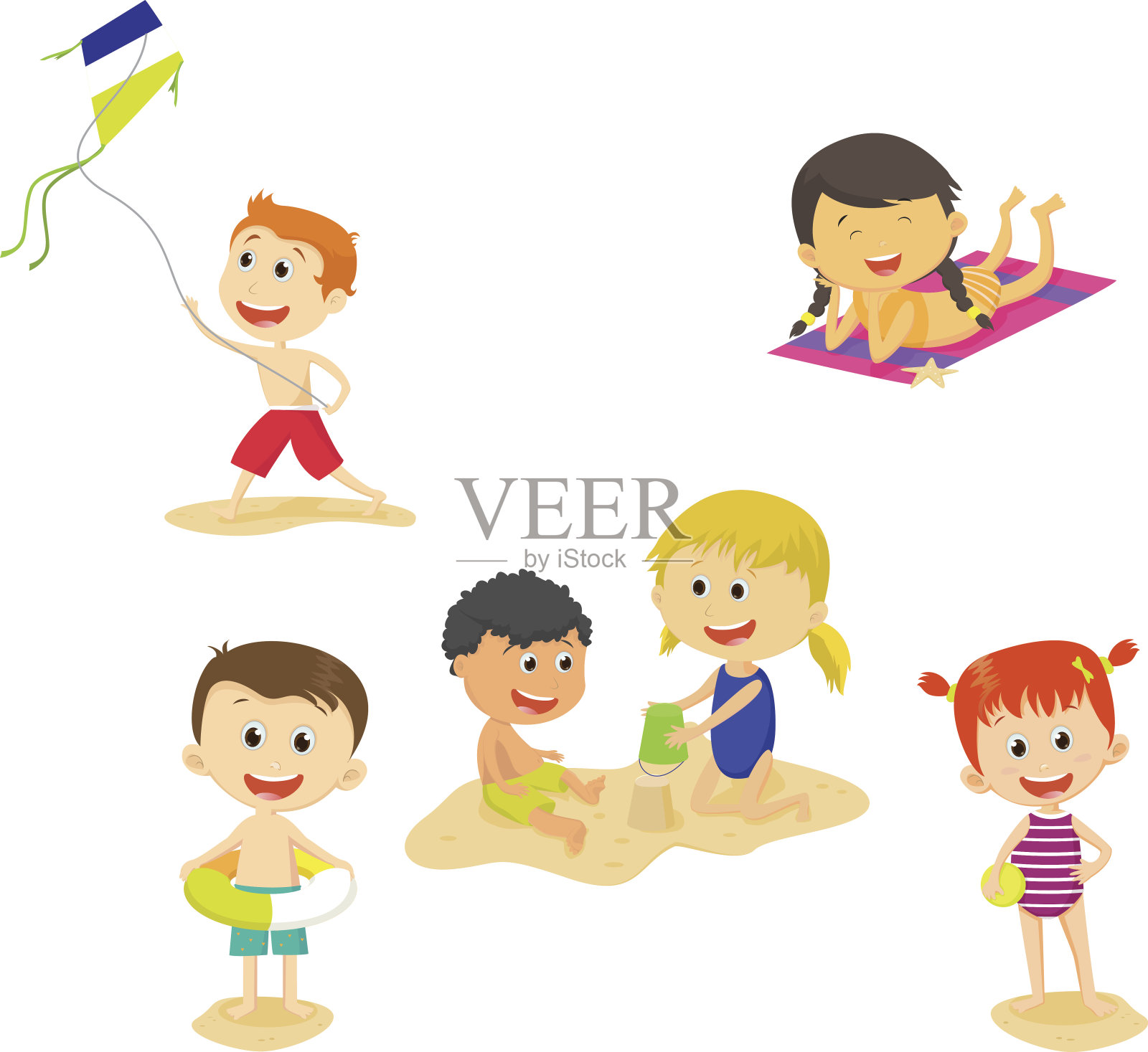 卡通儿童的收集在海滩上玩夏天插画图片素材