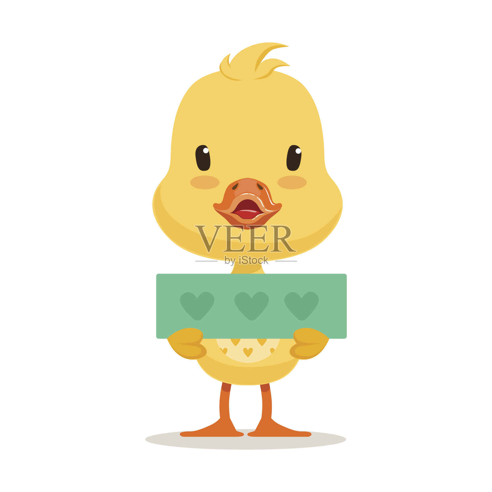 小黄鸭小鸡拿着蓝色的心形旗帜，可爱的表情矢量插图设计元素图片