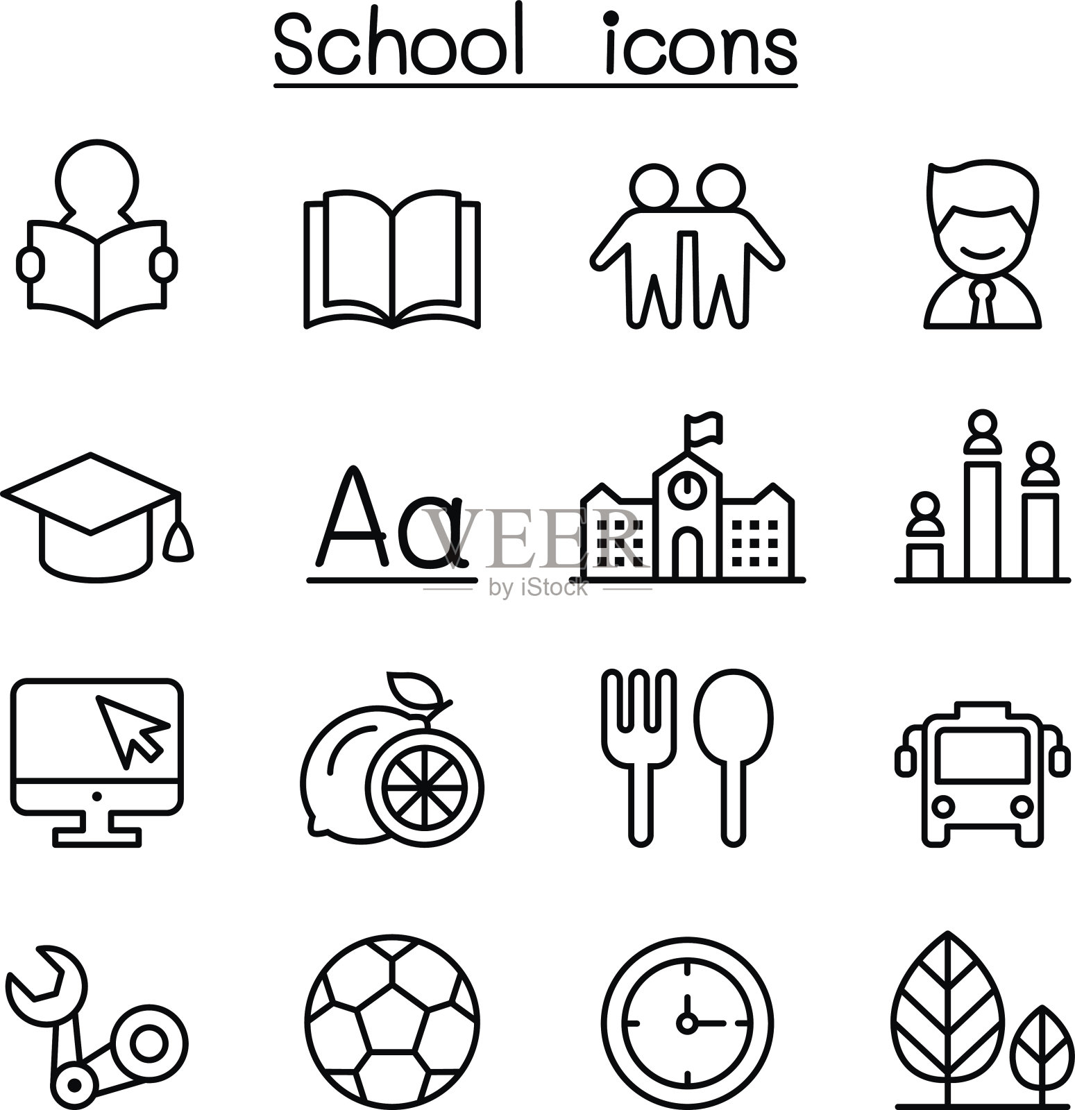 学校和教育图标设置在细线风格图标素材