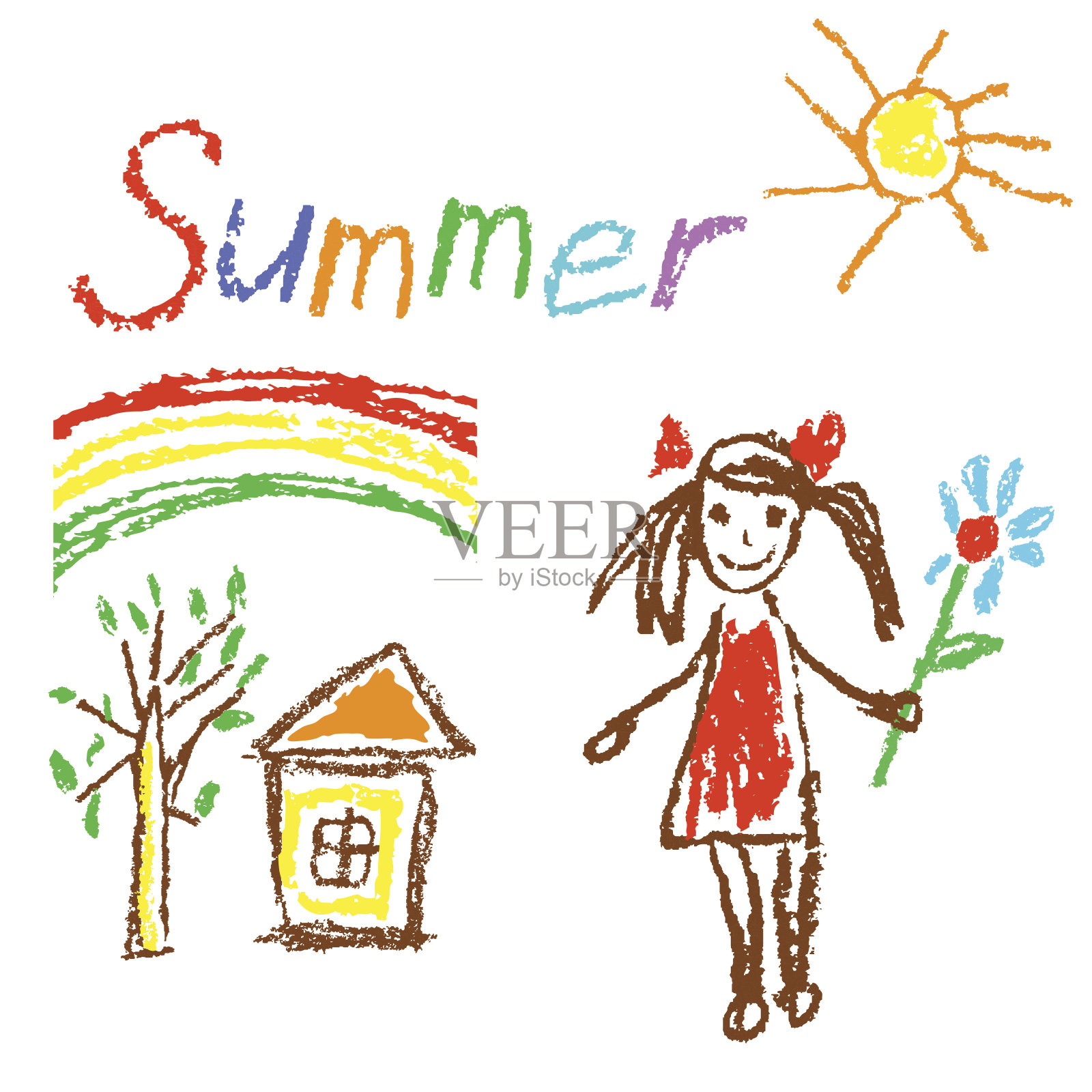 蜡笔像孩子一样画夏天的背景房子，树，女孩，花，彩虹。插画图片素材
