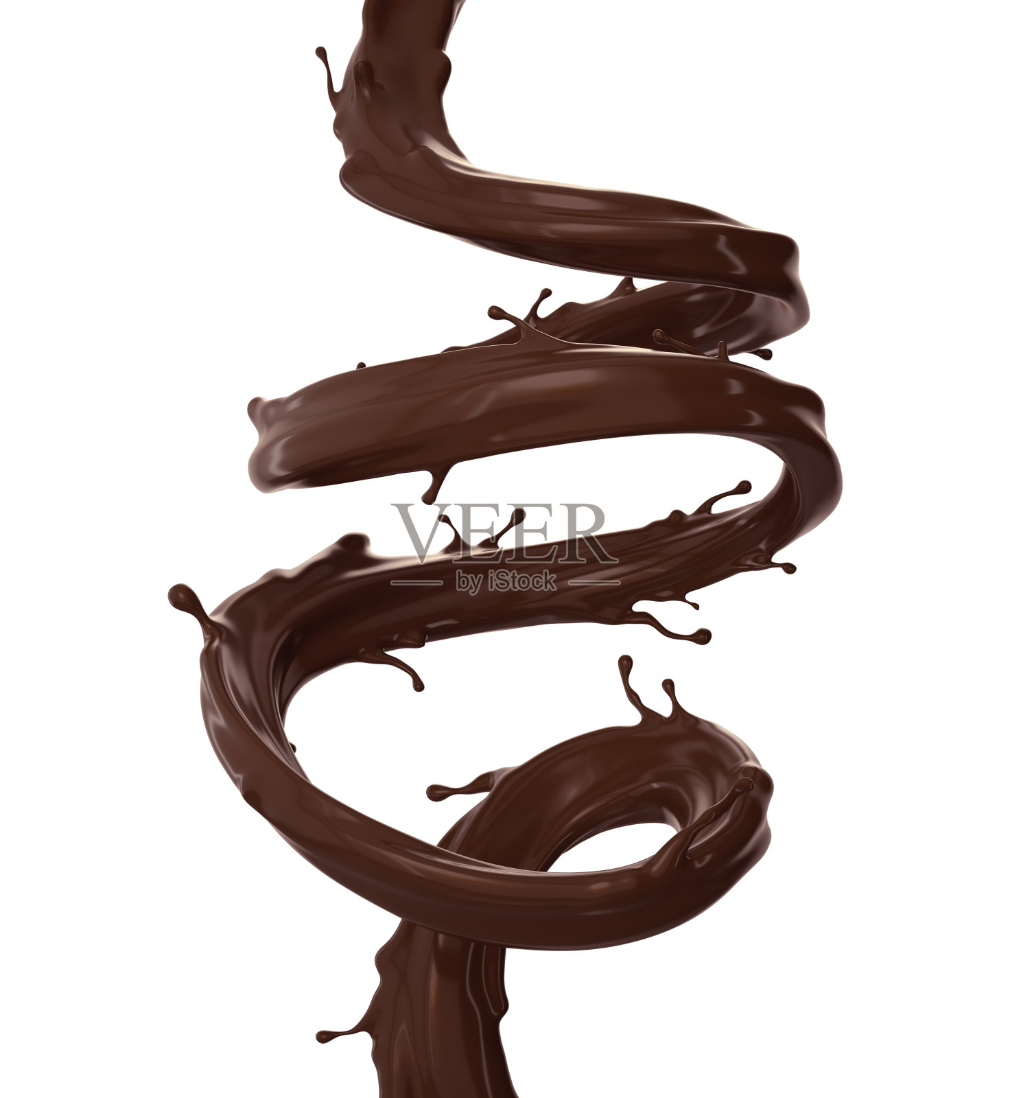 3d渲染，数字插图，巧克力螺旋喷射，棕色飞溅，液体波，飞溅循环，曲线，孤立在白色背景设计元素图片