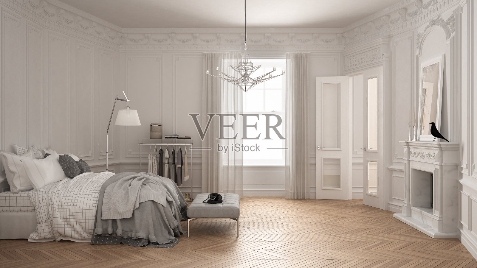 现代斯堪的纳维亚卧室在经典的老式客厅与壁炉，豪华的白色室内设计照片摄影图片