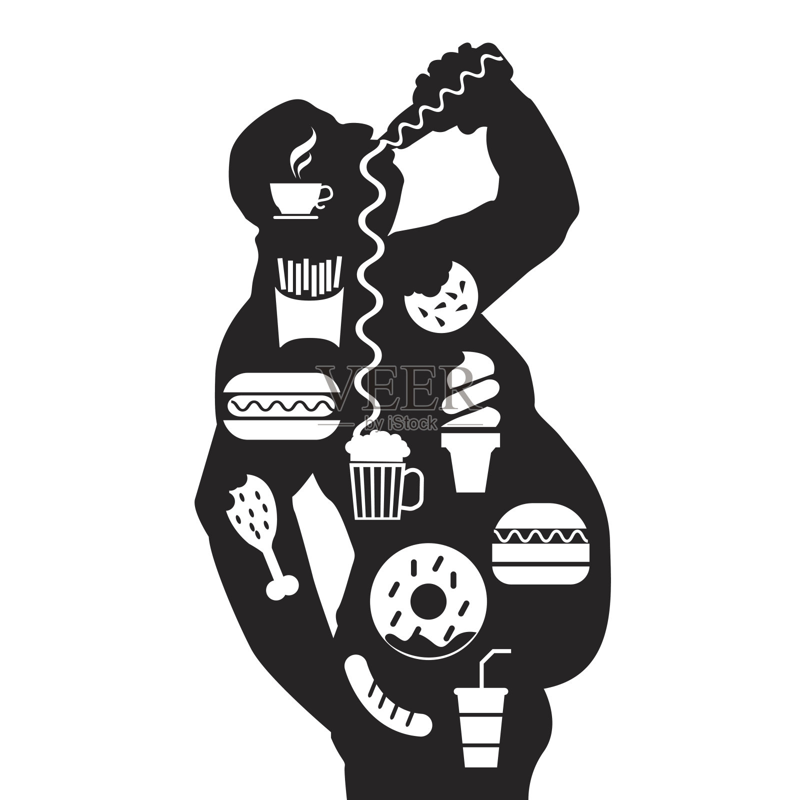 男人的身体和垃圾不健康的食物在一个肥胖的身体插画图片素材